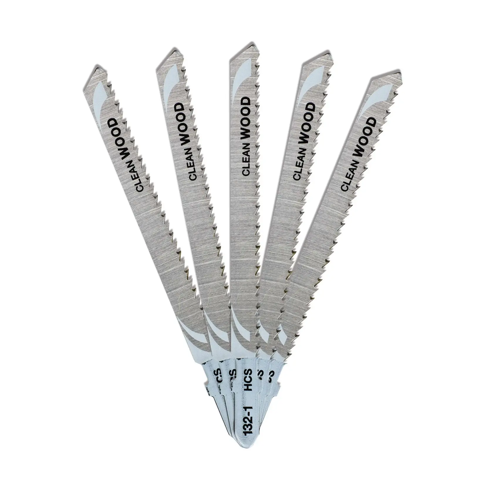 Five DEWALT jigsaw blades for clean wood cutting, arranged in a fan shape, silver color.