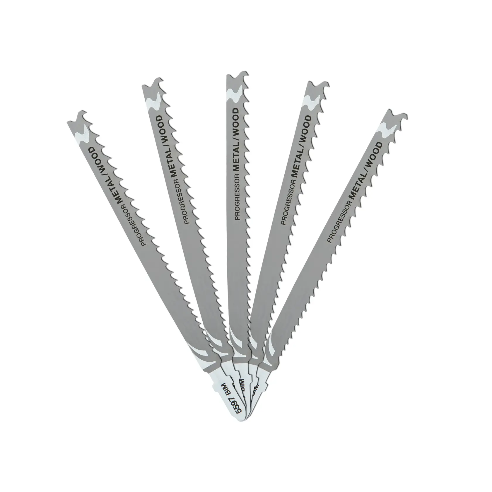 Five DEWALT jigsaw blades arranged in a fan shape, designed for cutting metal and wood. The blades have sharp teeth and are labeled 'Progressor Metal/Wood.'
