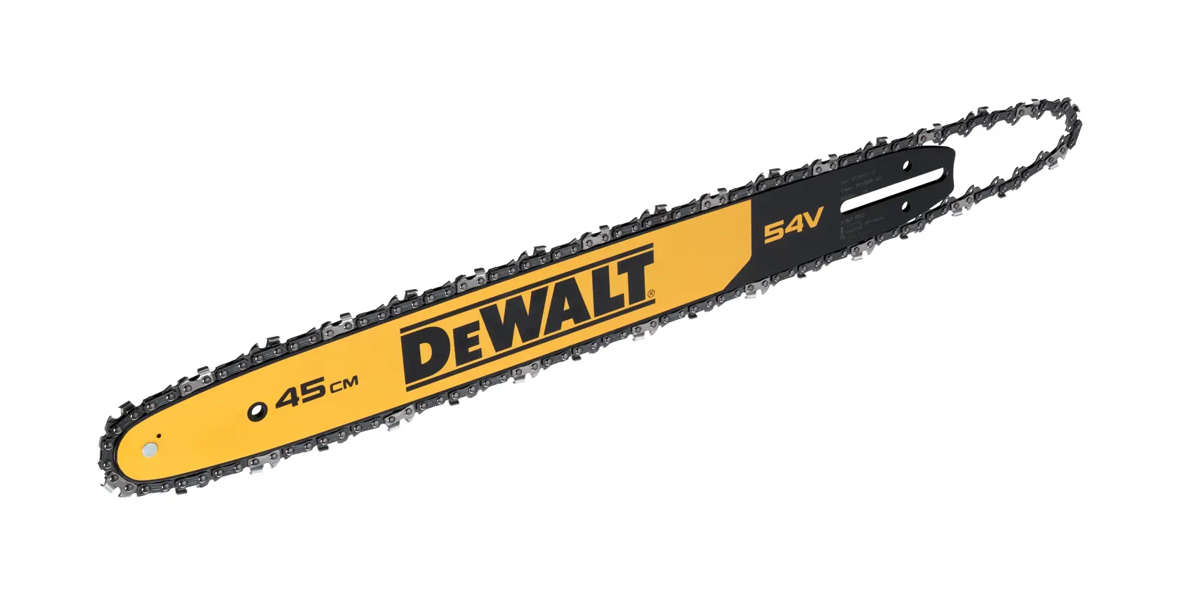 DEWALT chainsaw bar and chain, 45cm length, yellow and black design, suitable for 54V models.