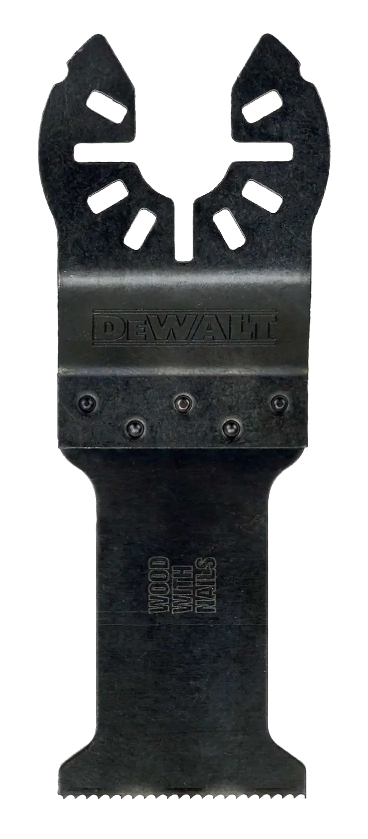 A DEWALT oscillating multi-tool blade designed for cutting wood with nails, featuring a black metal body and fine serrated edge at the bottom.