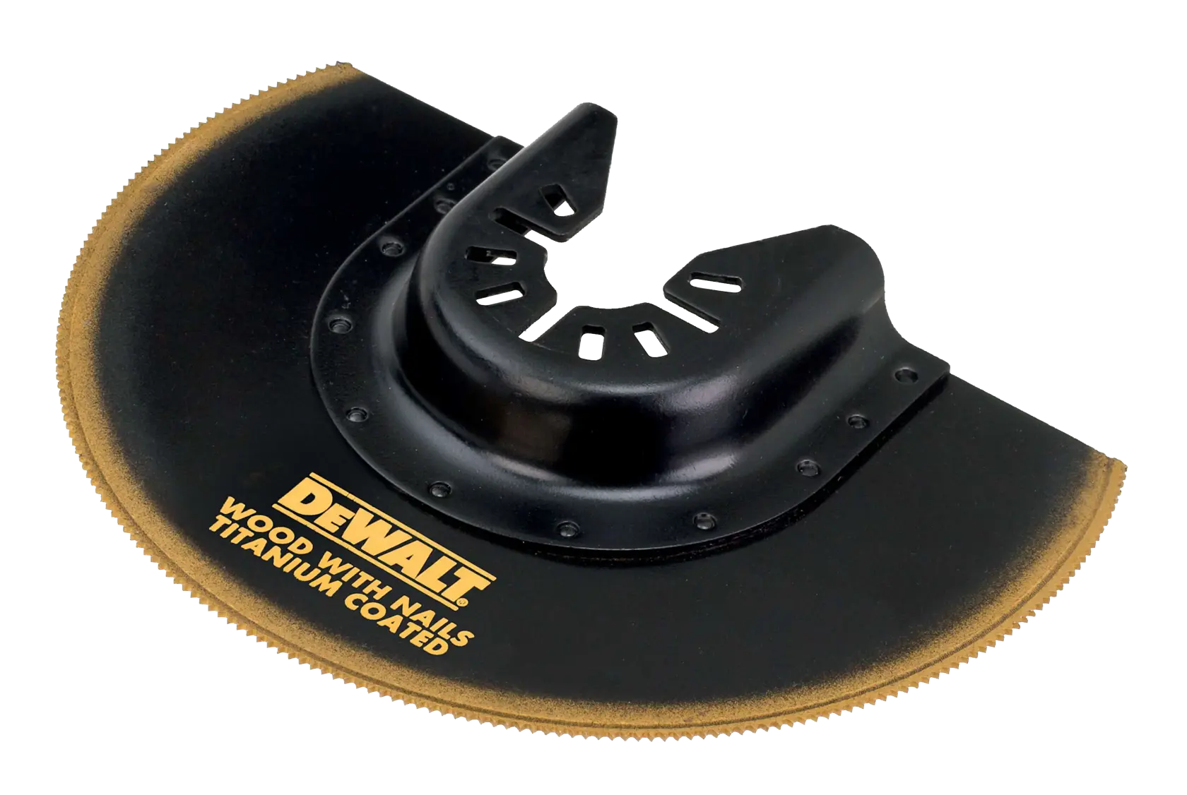 DEWALT titanium coated oscillating multi-tool blade for cutting wood with nails, with a curved semi-circular design and black and gold finish.