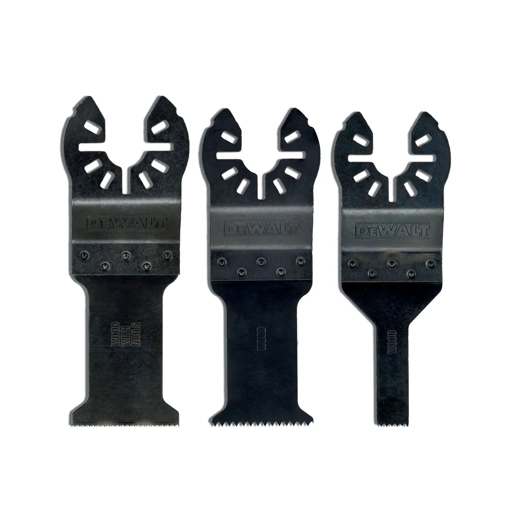 Set of three DEWALT multitool blades for wood and metal cutting, shown upright with distinctive attachment design.