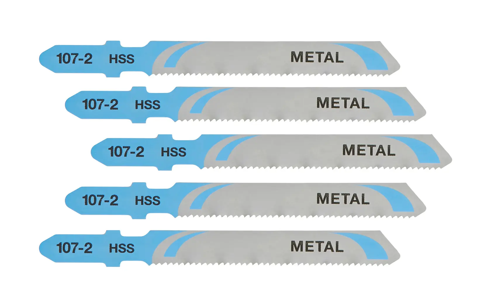 Five metal cutting jigsaw blades labeled '107-2 HSS METAL' are arranged in a row. The blades have a blue and silver color scheme with fine teeth.