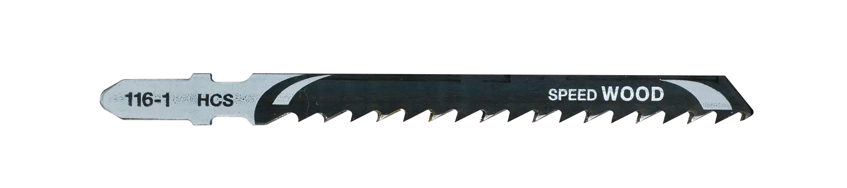 A single DEWALT DT2166 jigsaw blade for cutting wood, shown on a white background. The blade has sharp, angled teeth and is marked with '116-1 HCS' and 'Speed Wood'.