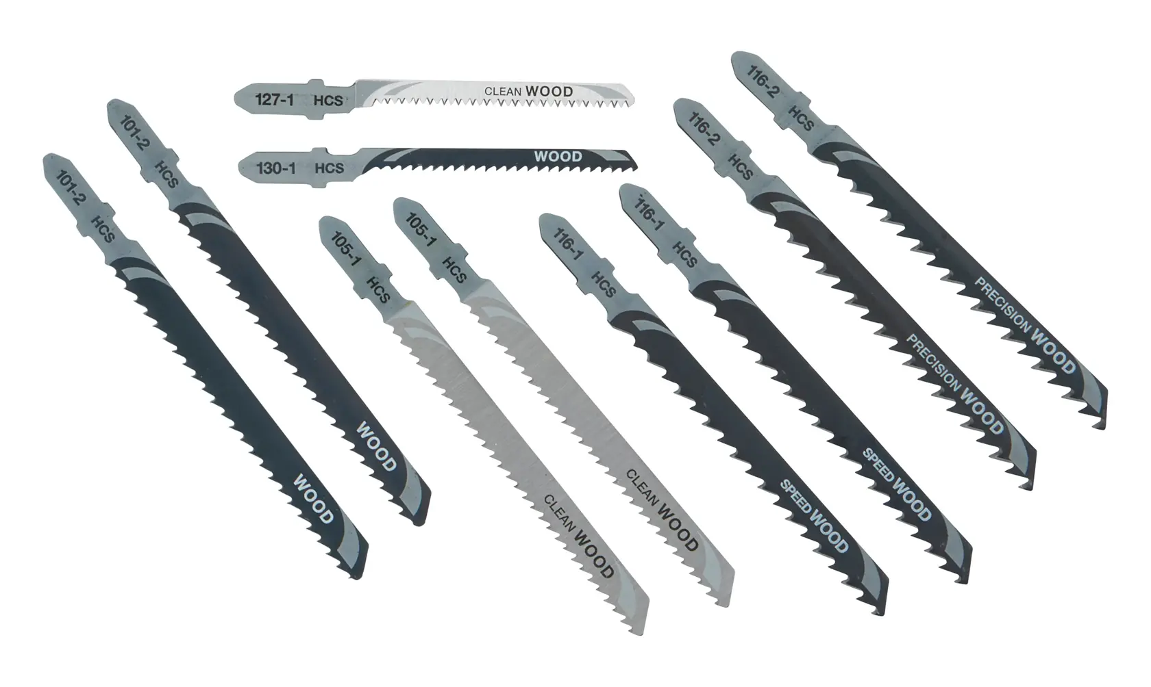 Set of ten DEWALT jigsaw blades for wood cutting, various shapes and teeth designs, arranged on a white surface.