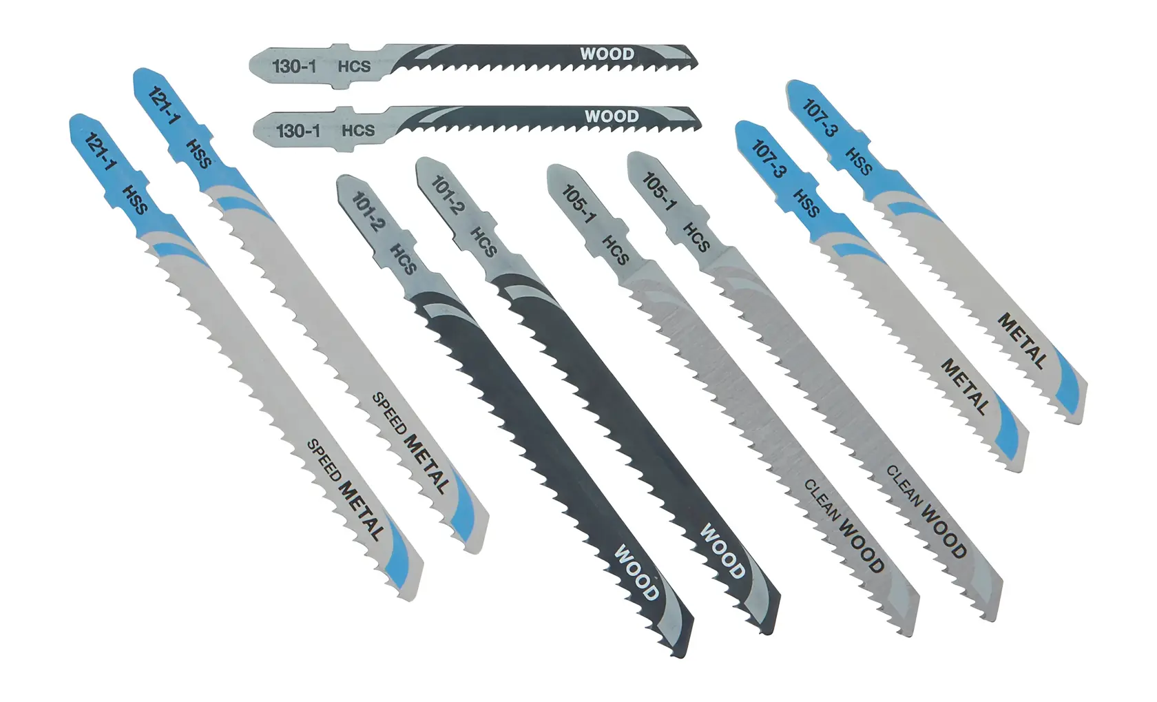 A set of assorted DEWALT jigsaw blades arranged on a white background, designed for cutting wood and metal. The blades feature various shapes and teeth patterns for different cutting applications.