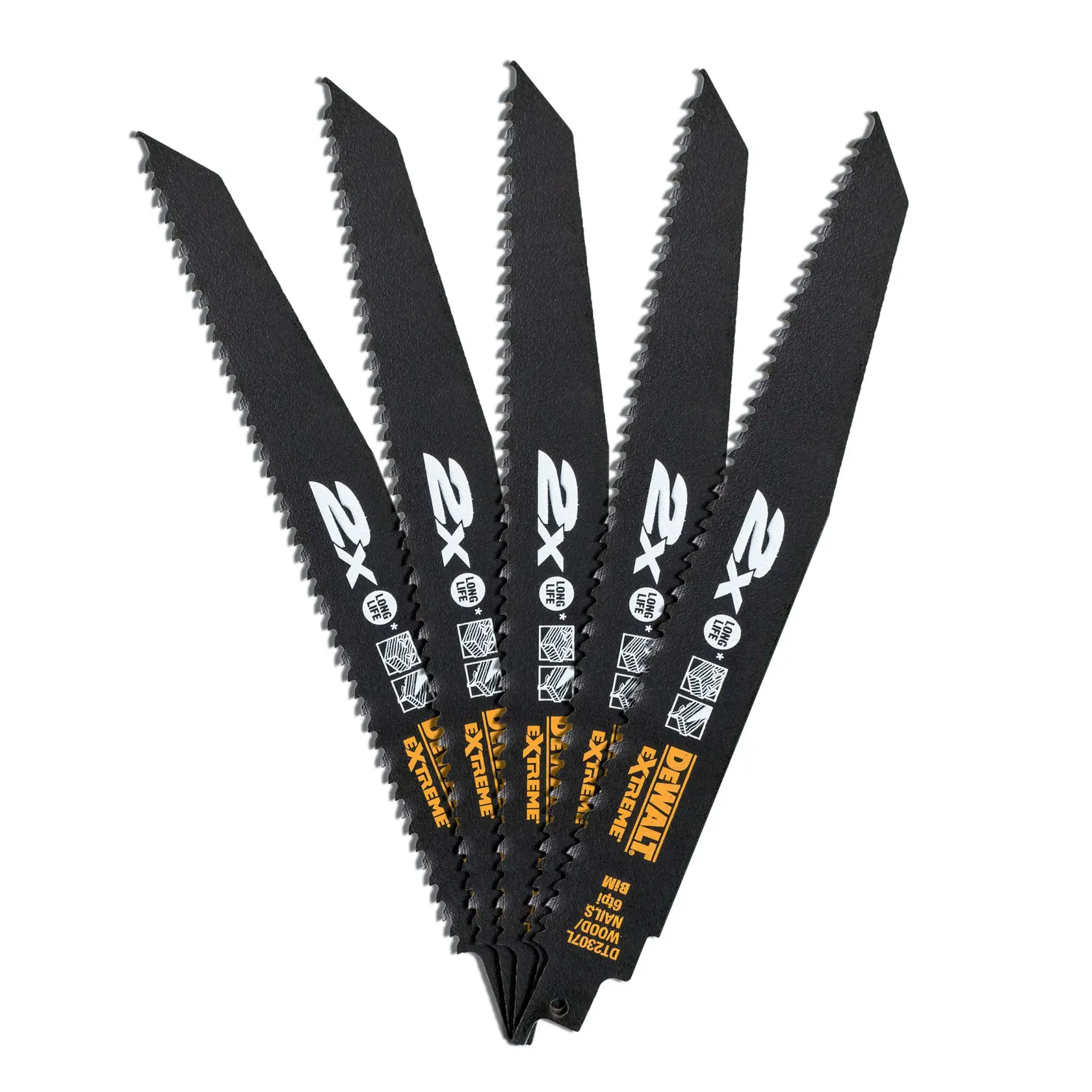 Five black DEWALT reciprocating saw blades with sharp teeth, labeled for extreme durability and metal cutting.