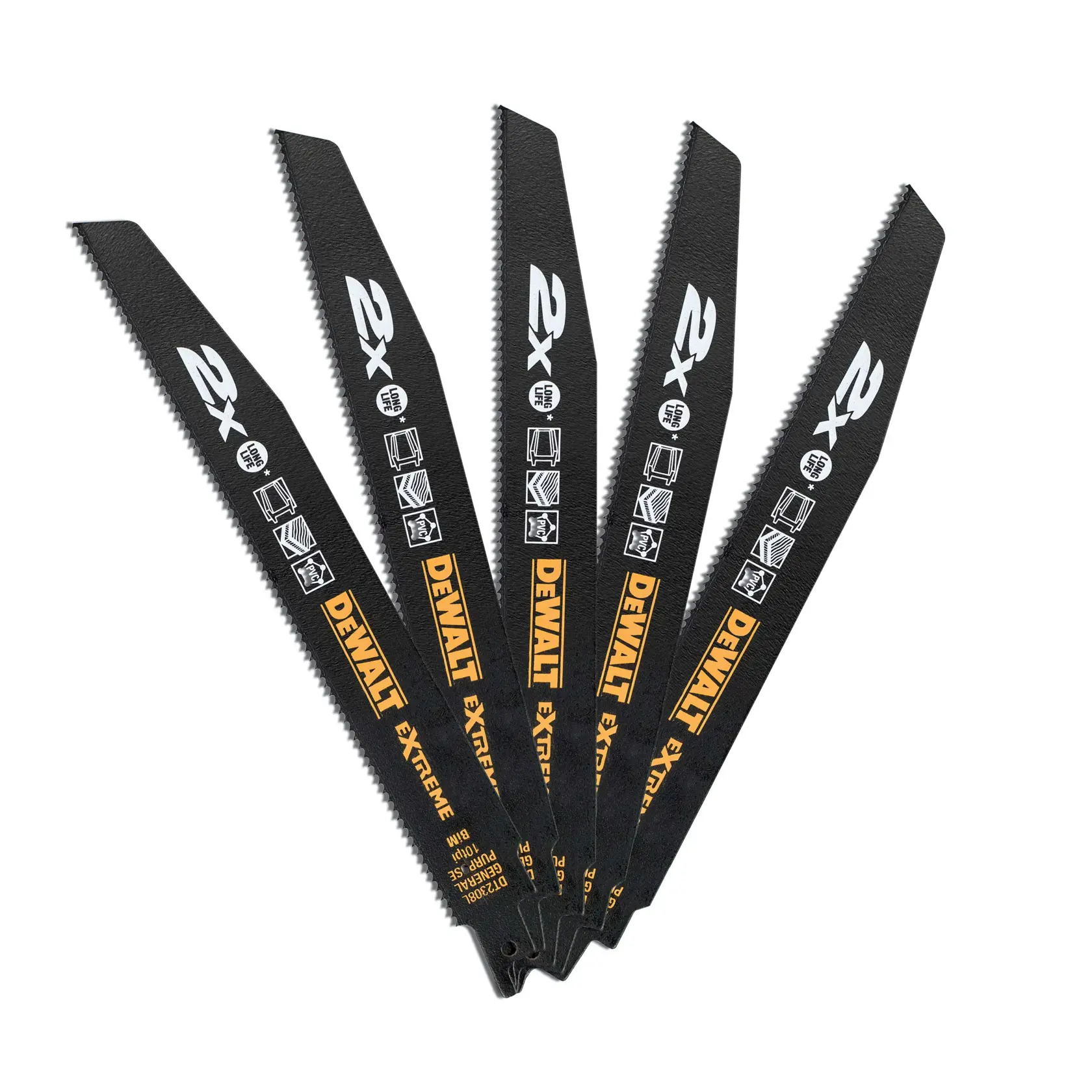 Five DEWALT DT2308L saw blades fanned out, black color with yellow and white text, for extreme cutting.