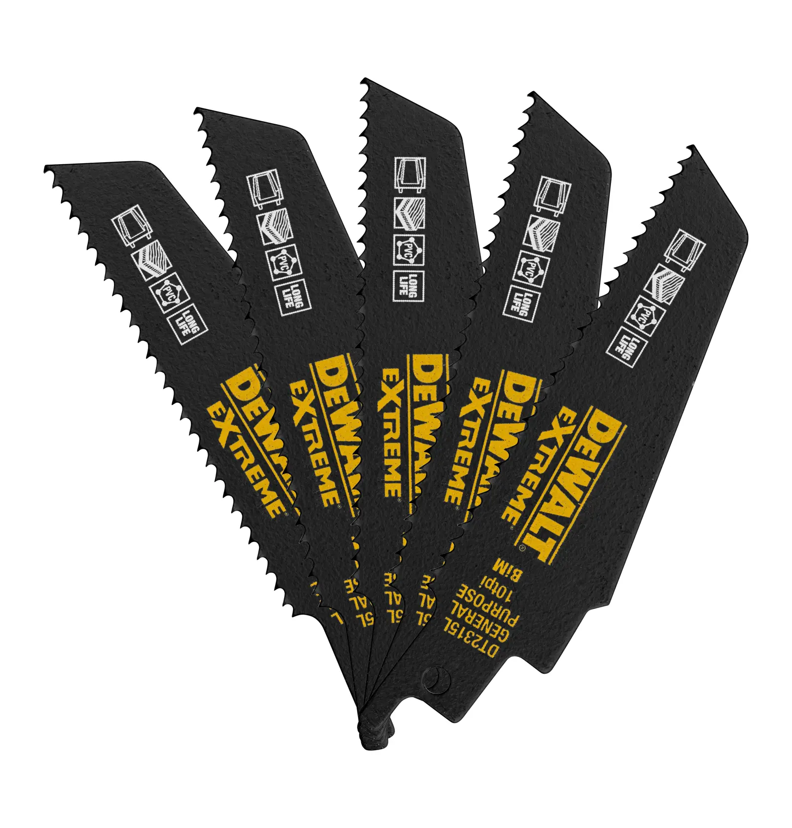 Five black DEWALT Extreme saw blades fanned out, showing labels and icons for multipurpose cutting.