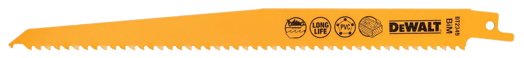 DEWALT DT2349 yellow reciprocating saw blade for cutting wood, PVC, and metal, with long life icons printed on it.