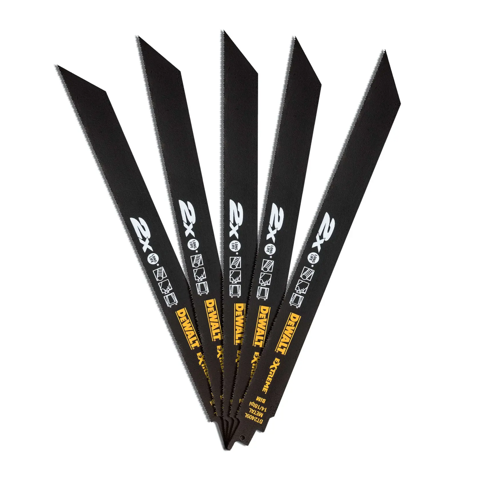 Five black DEWALT reciprocating saw blades arranged in a fan shape.