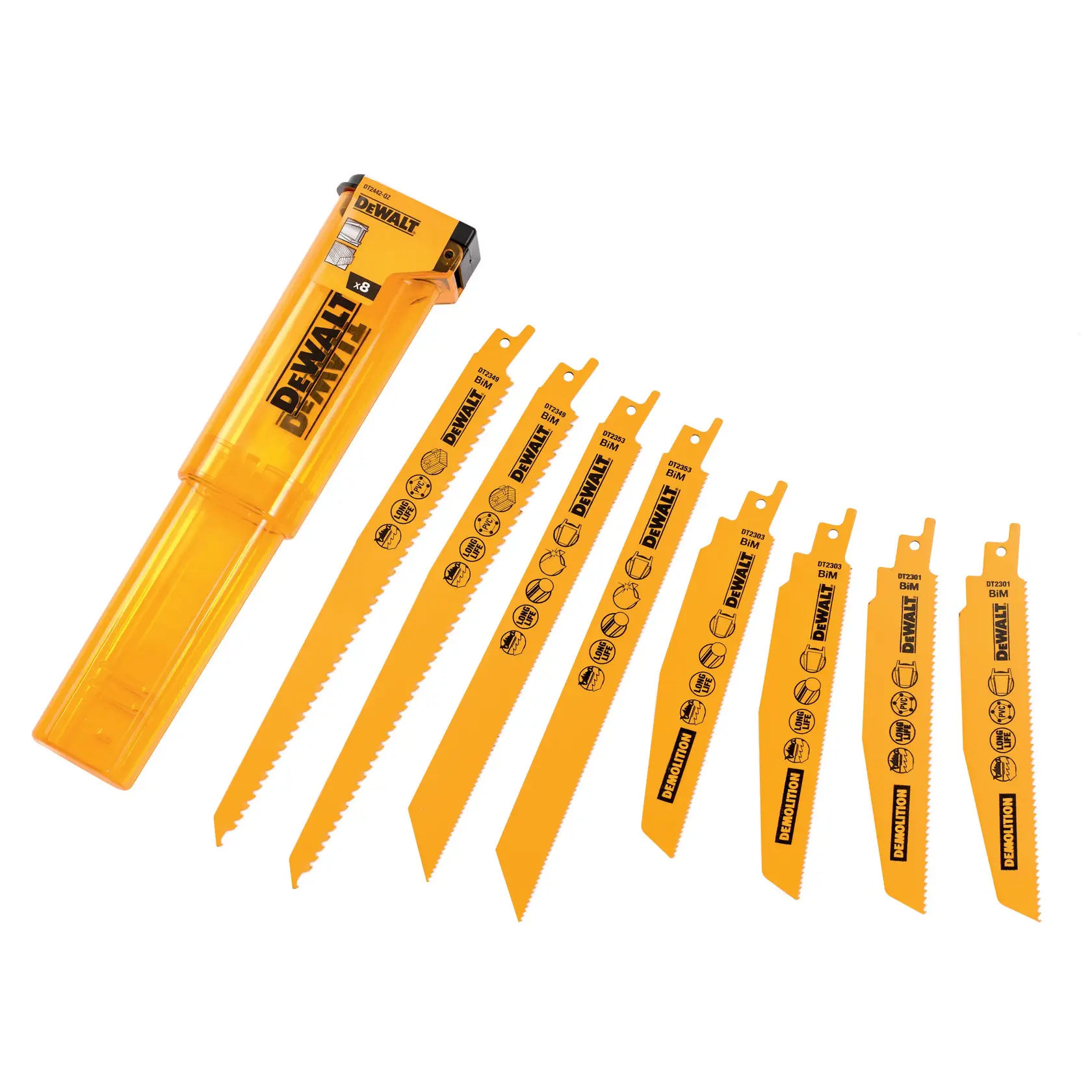 A set of eight yellow DEWALT reciprocating saw blades laid out in a row, with a matching yellow plastic storage case on the left side. The blades are marked with DEWALT branding and various icons indicating their intended uses.