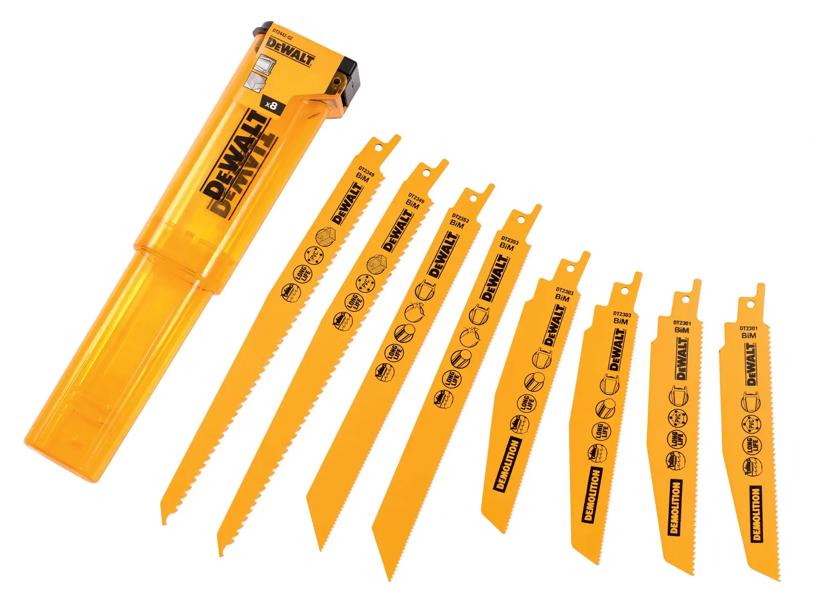 Set of eight DEWALT reciprocating saw blades in various sizes, displayed next to a yellow DEWALT storage case.