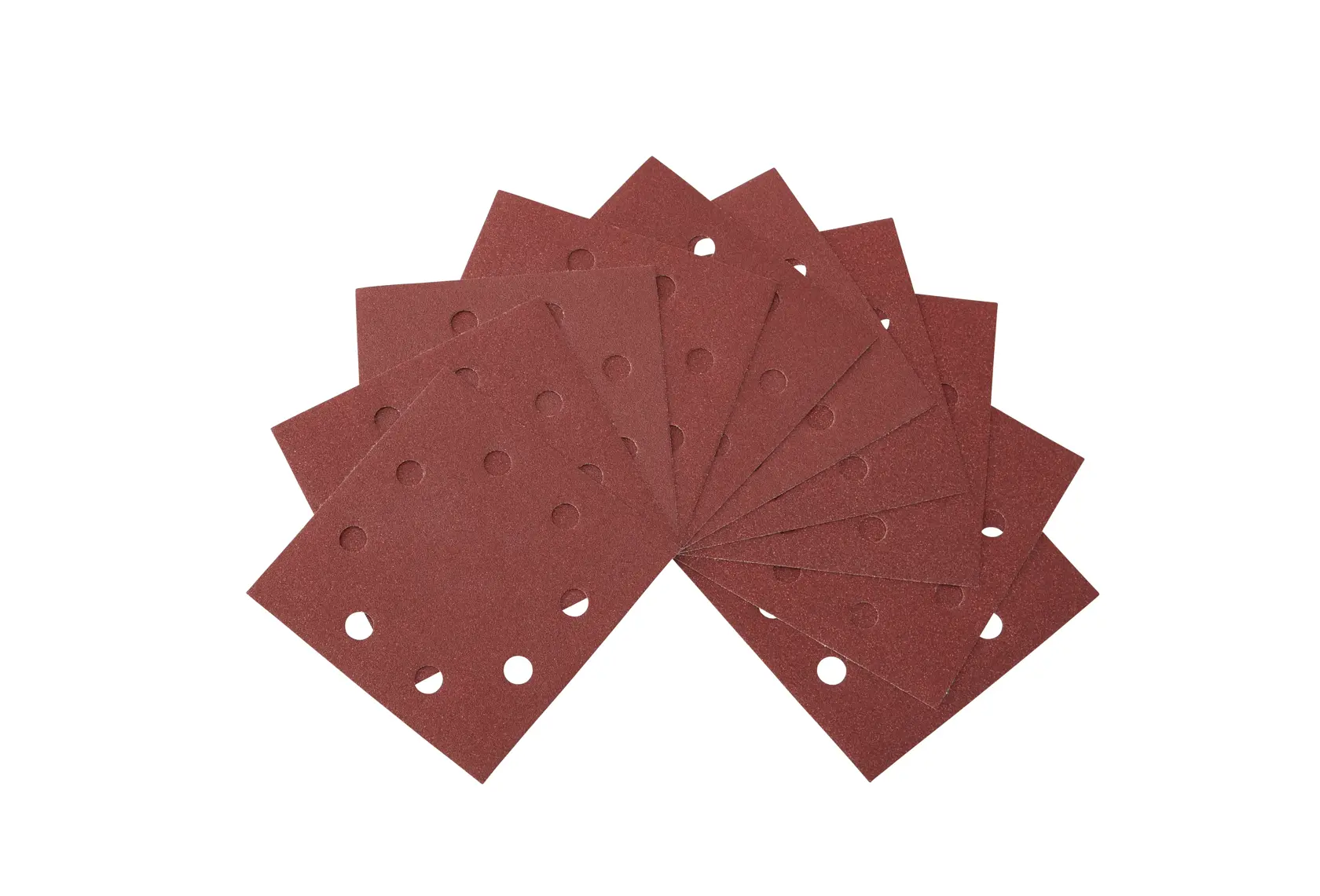 Set of rectangular sanding sheets with multiple holes, fanned out on a white background.