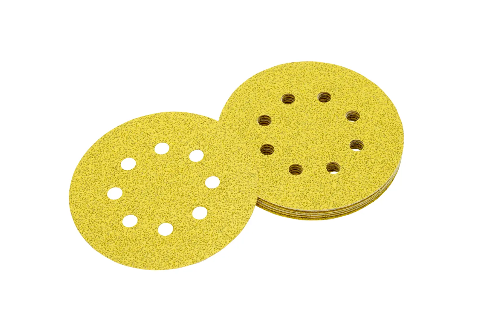 Stack of yellow round sanding discs with ventilation holes, shown against a white background.