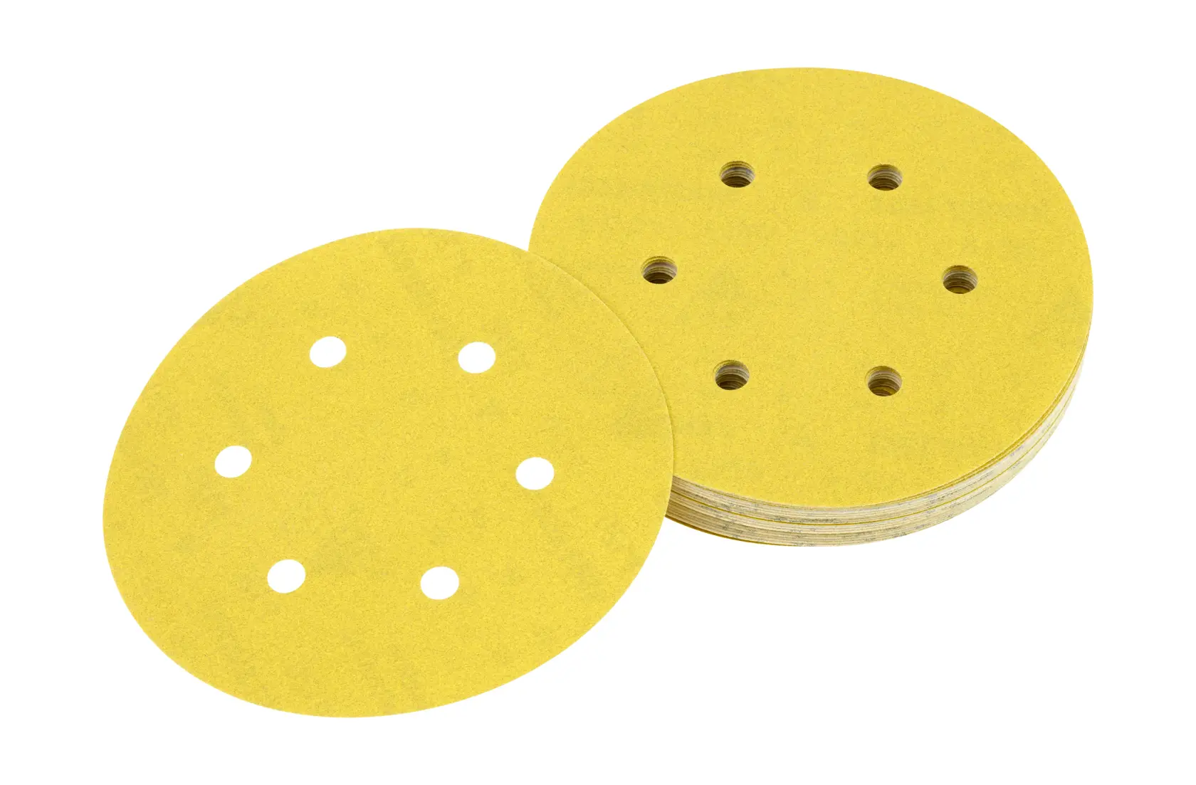 Stack of round yellow sanding discs with six holes, suitable for use with orbital sanders.