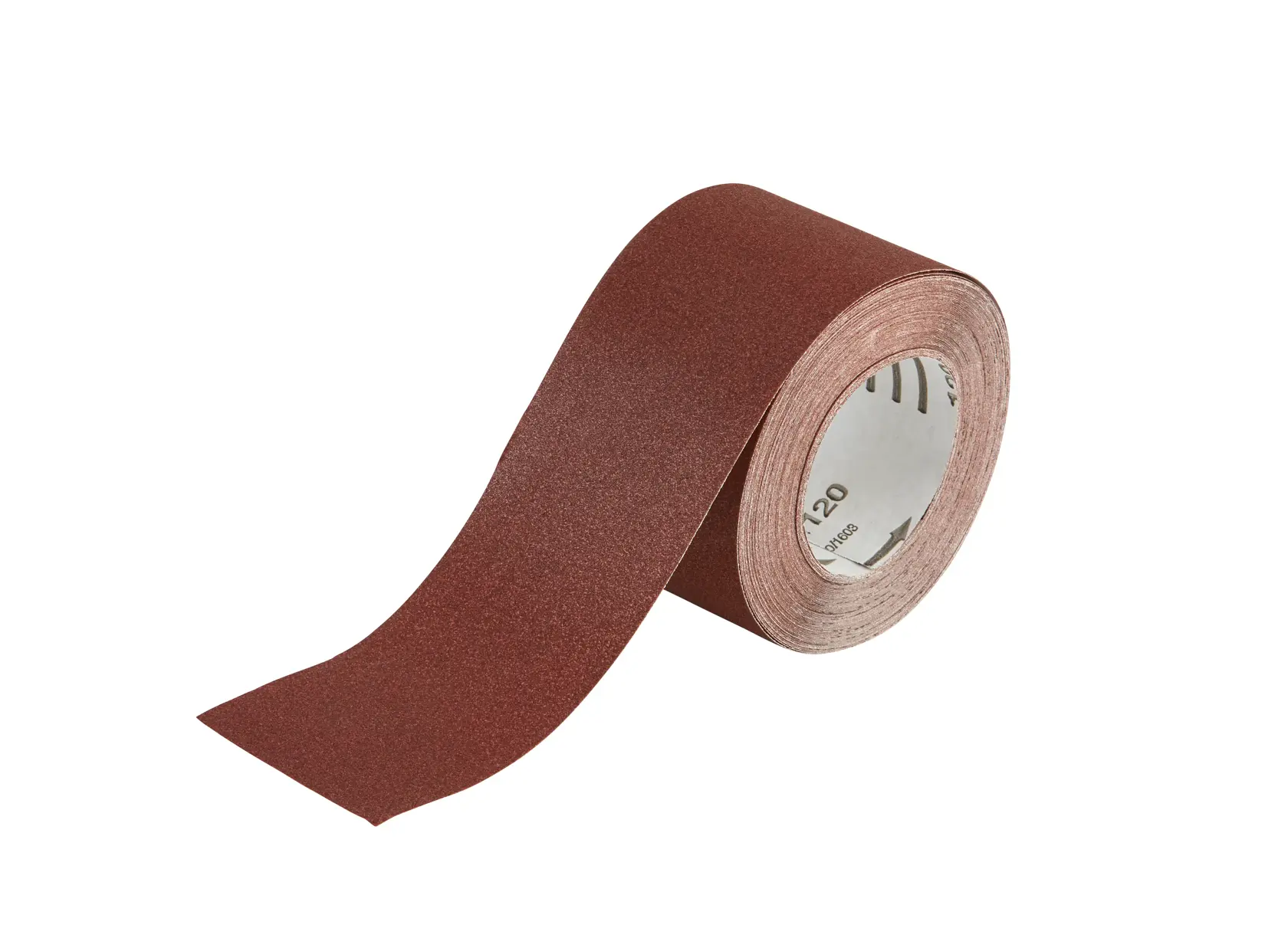 A roll of brown abrasive sandpaper with open end. Used for sanding surfaces in woodworking or metalworking.