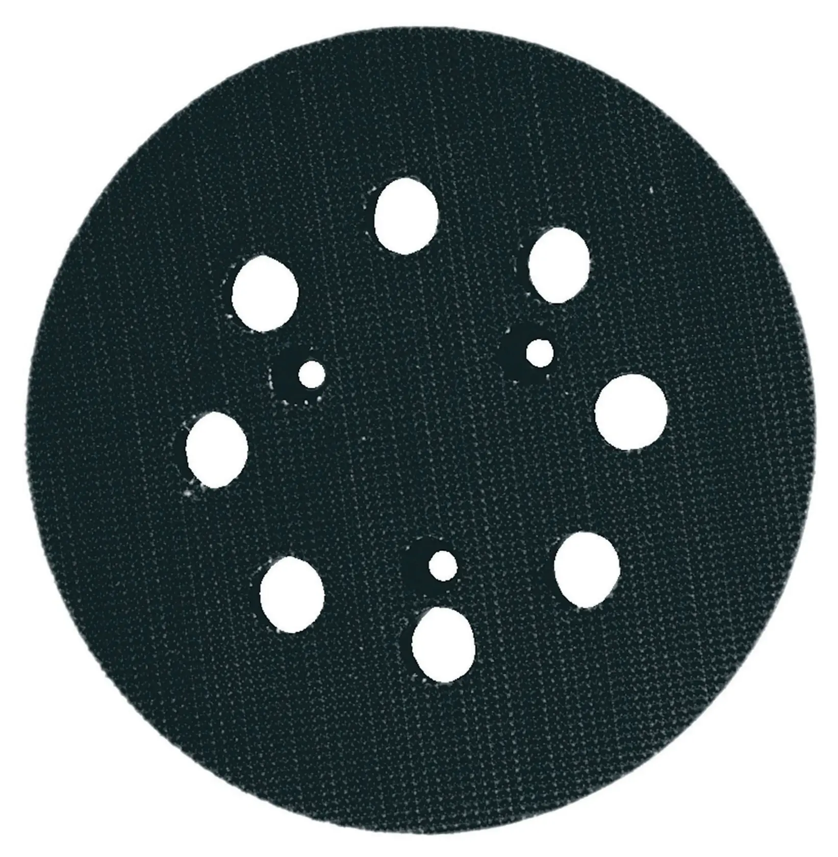 Round black DEWALT sanding disc with multiple holes for dust extraction, suitable for orbital sanders.