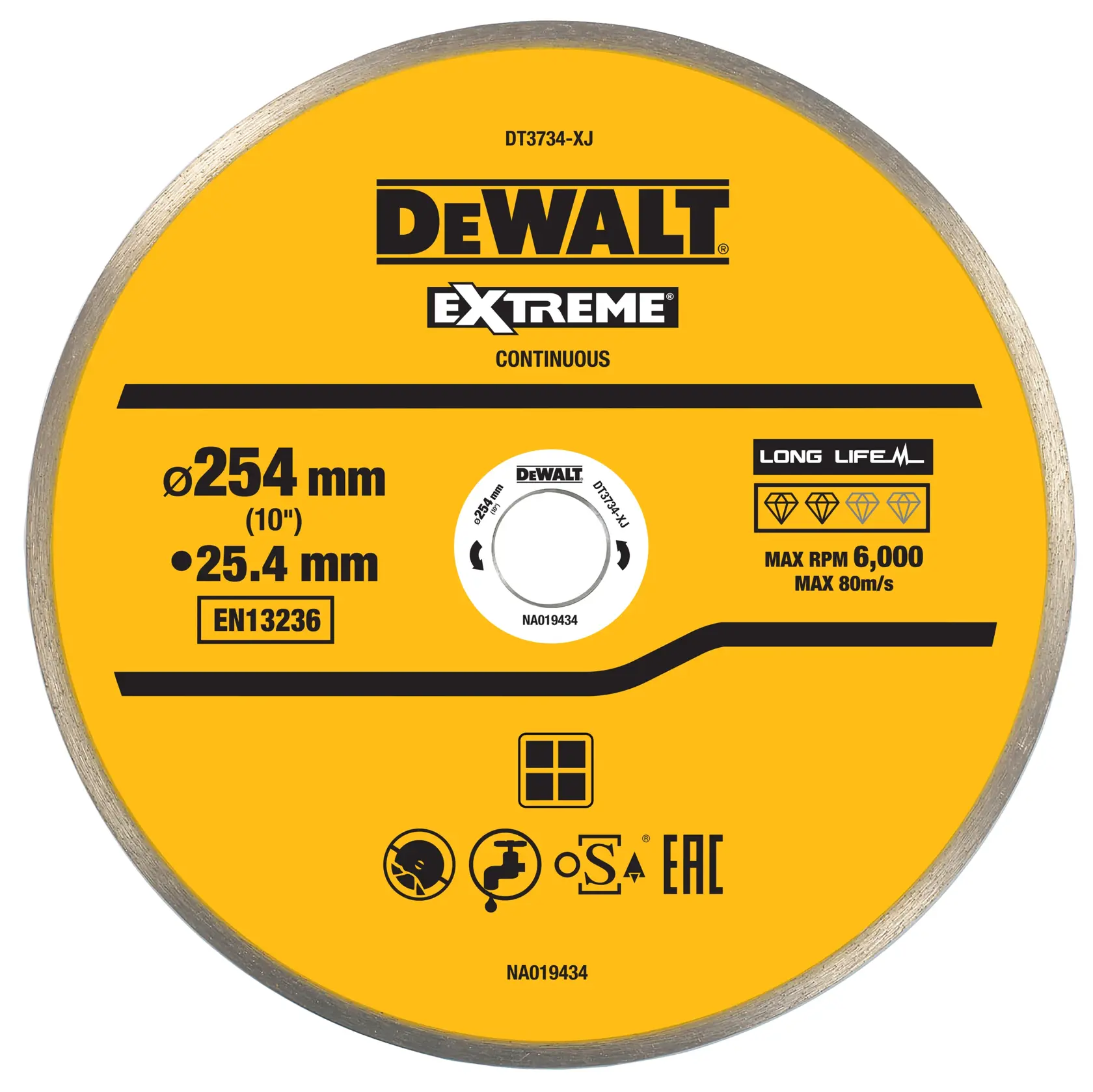 DEWALT DT3734, DT3734-QZ Photography 254mm Extreme blade shown with specs on yellow disk.