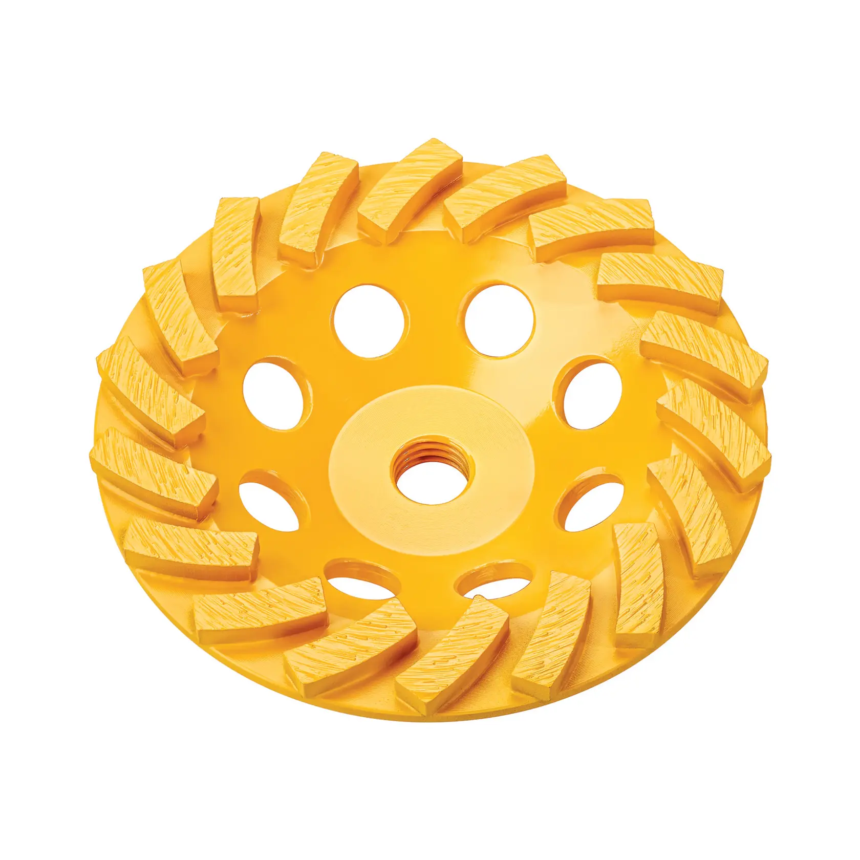 Yellow DEWALT diamond grinding cup wheel with holes and angled segments for surface grinding tasks.
