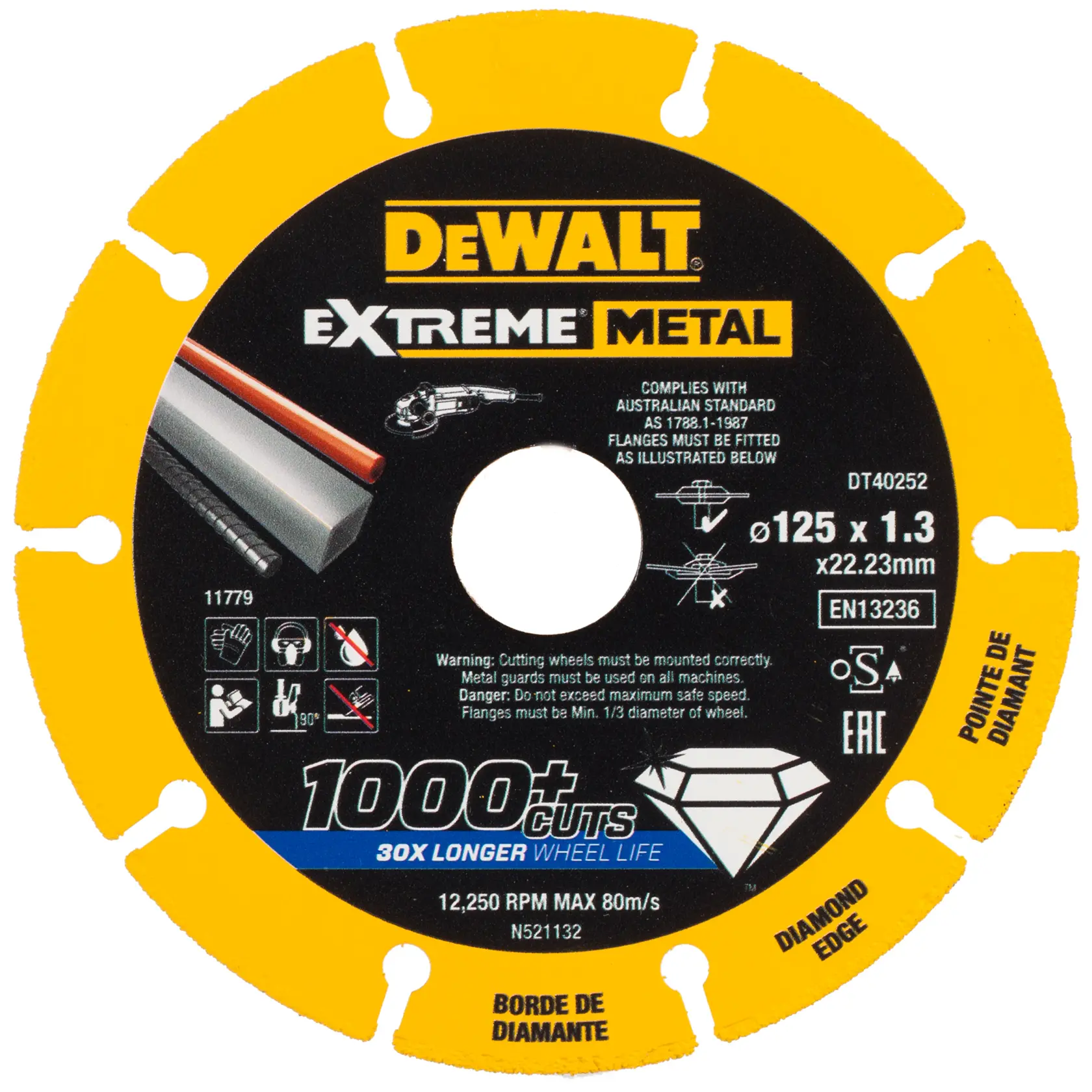 A DEWALT Extreme Metal diamond edge cutting wheel, model DT40252. The disc is yellow and black, labeled for metal cutting, 125mm diameter with 1.3mm thickness and 22.23mm bore. It advertises '1000+ cuts' and '30x longer wheel life'. Several safety and usage icons are visible.