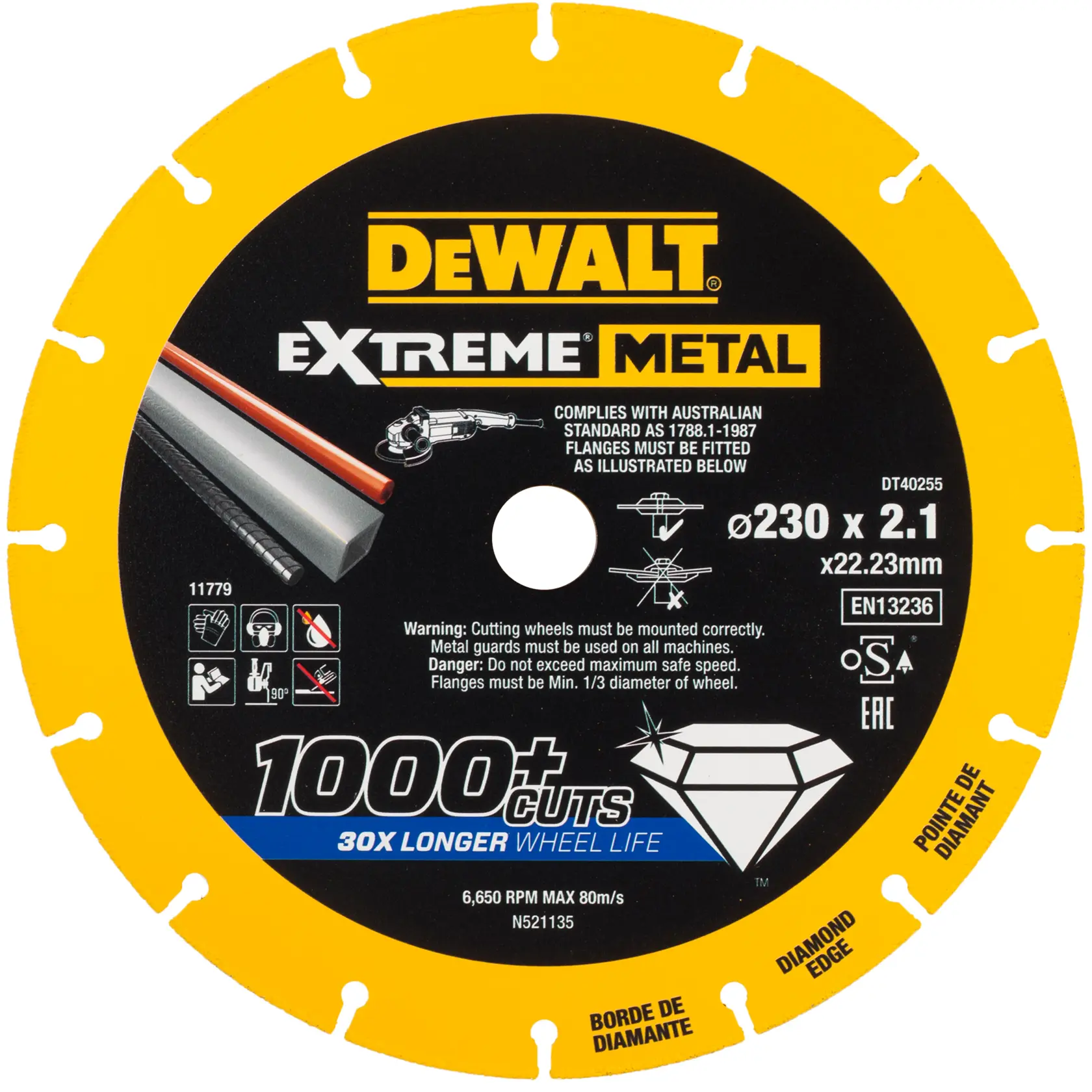 Image of a DEWALT Extreme Metal cutting wheel (DT40255), 230 mm diameter with diamond edge. The disc is yellow with a black center and white, yellow, and blue text. It is designed for cutting metal, stating '1000+ cuts' and '30x longer wheel life.' Safety warnings and usage instructions are printed, along with compliance to Australian standards.