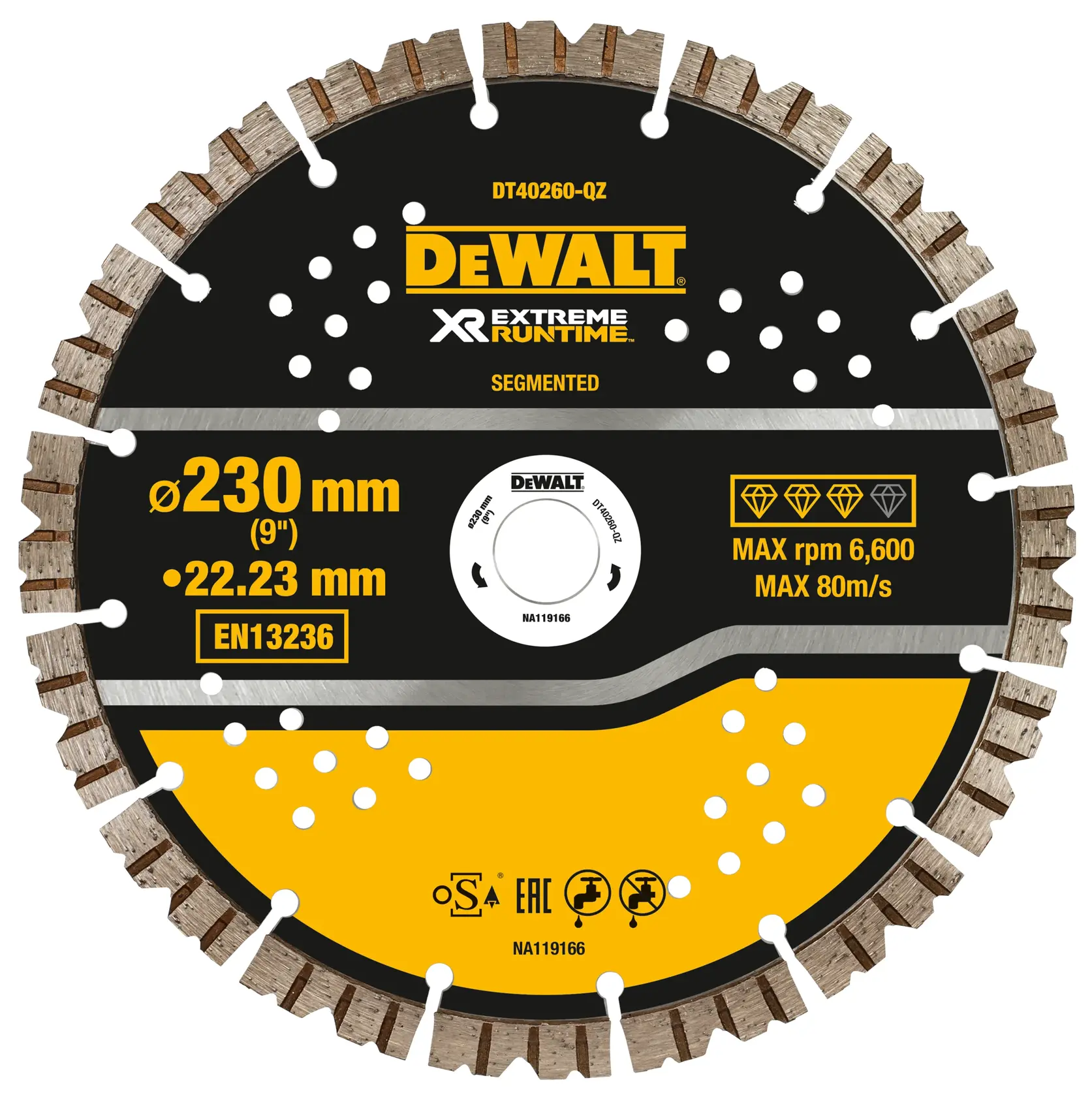 DEWALT segmented diamond saw blade, 230mm diameter, for cutting, max 6,600 rpm, DT40260 model.