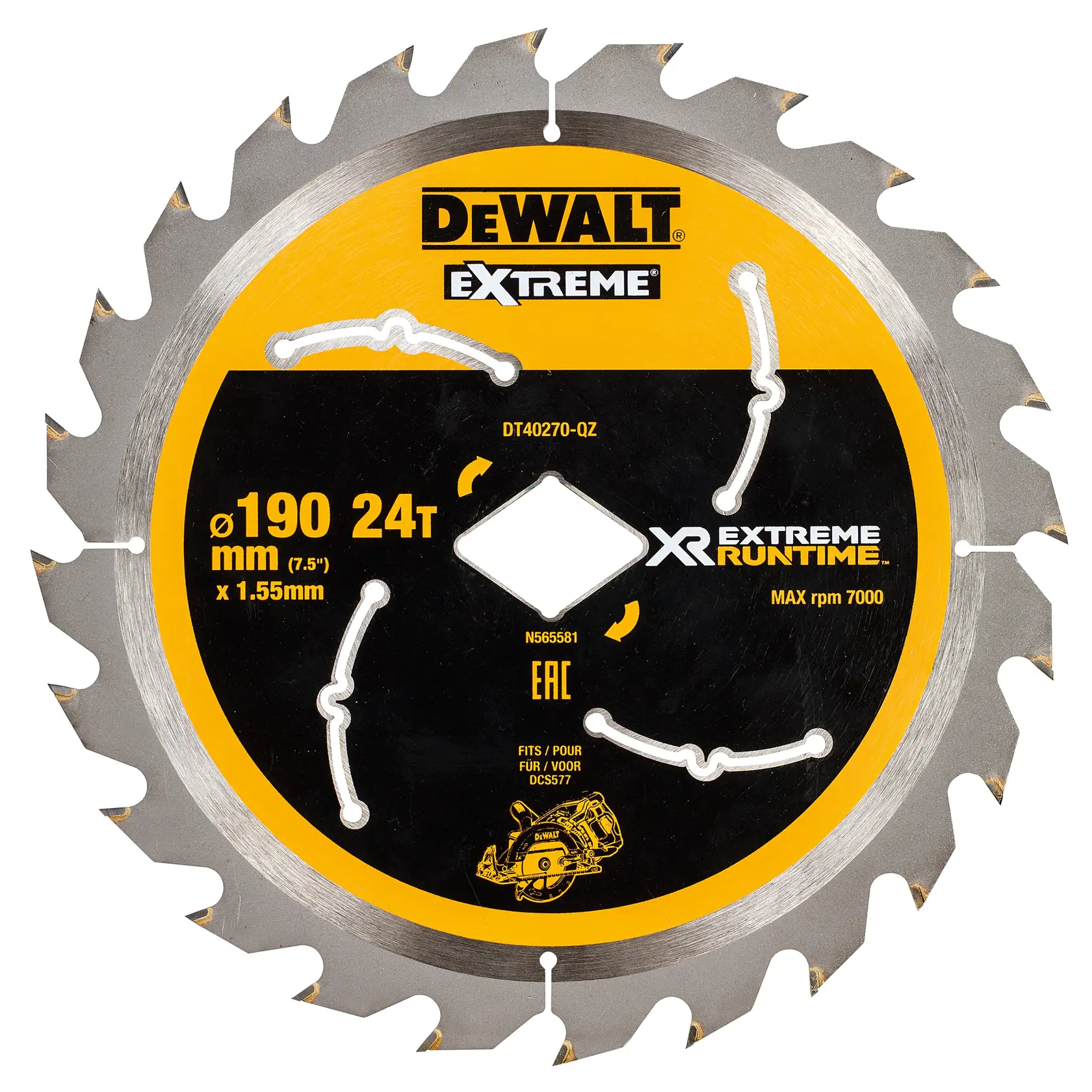 Graphique montrant la marque DEWALT XTREME Sub-Compact Series avec le slogan 'Compact et performance garantie' sur un fond jaune.