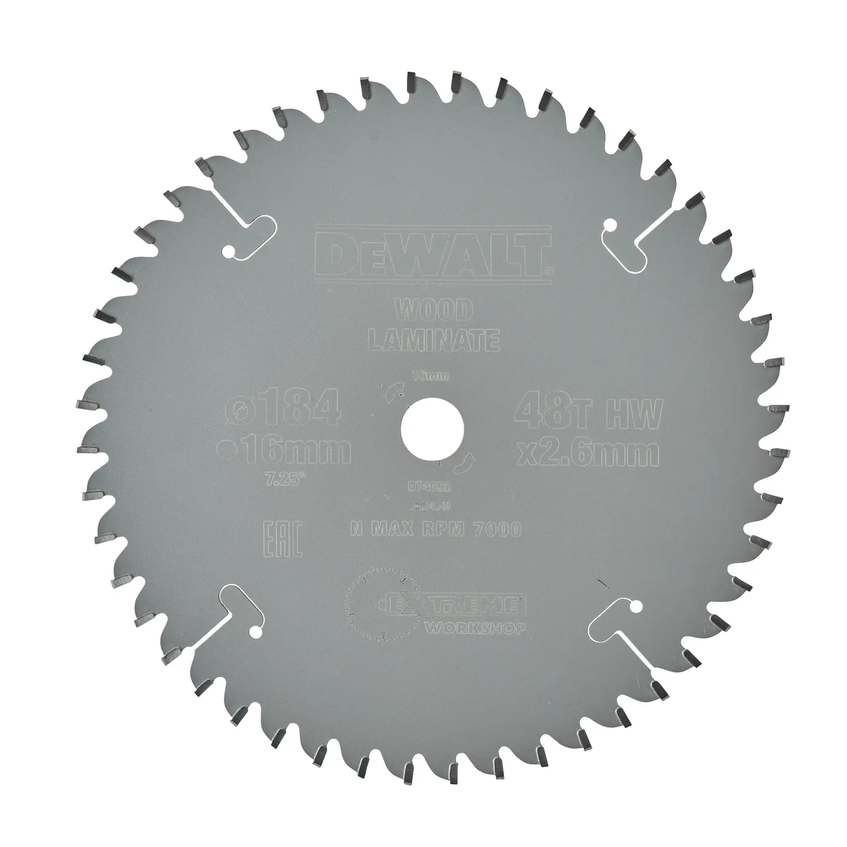 DEWALT DT4092 circular saw blade for wood/laminate with 48 teeth and 184mm diameter.