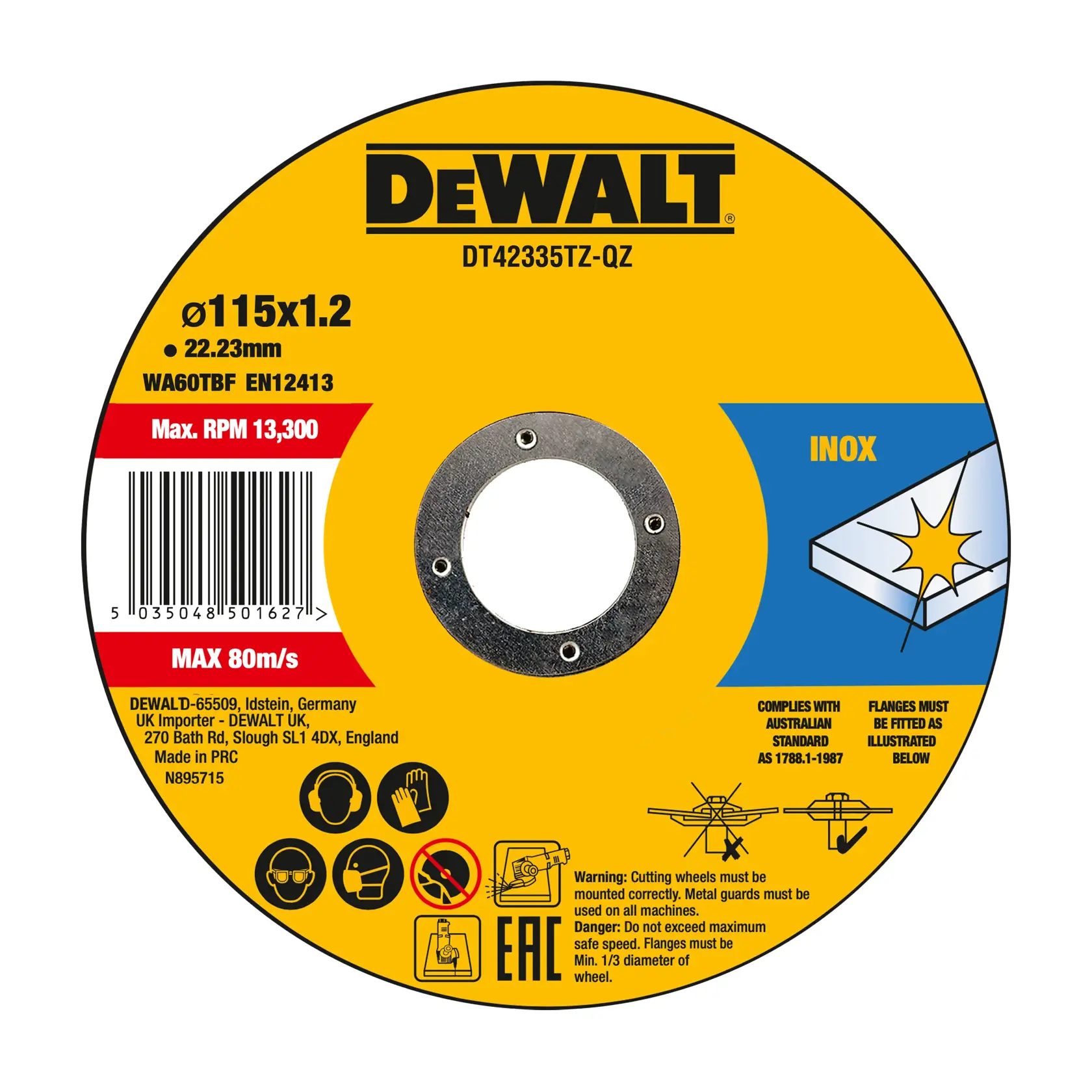 DEWALT DT42335TZ cutting disc, 115x1.2mm, yellow label with specifications, icons, and safety instructions.
