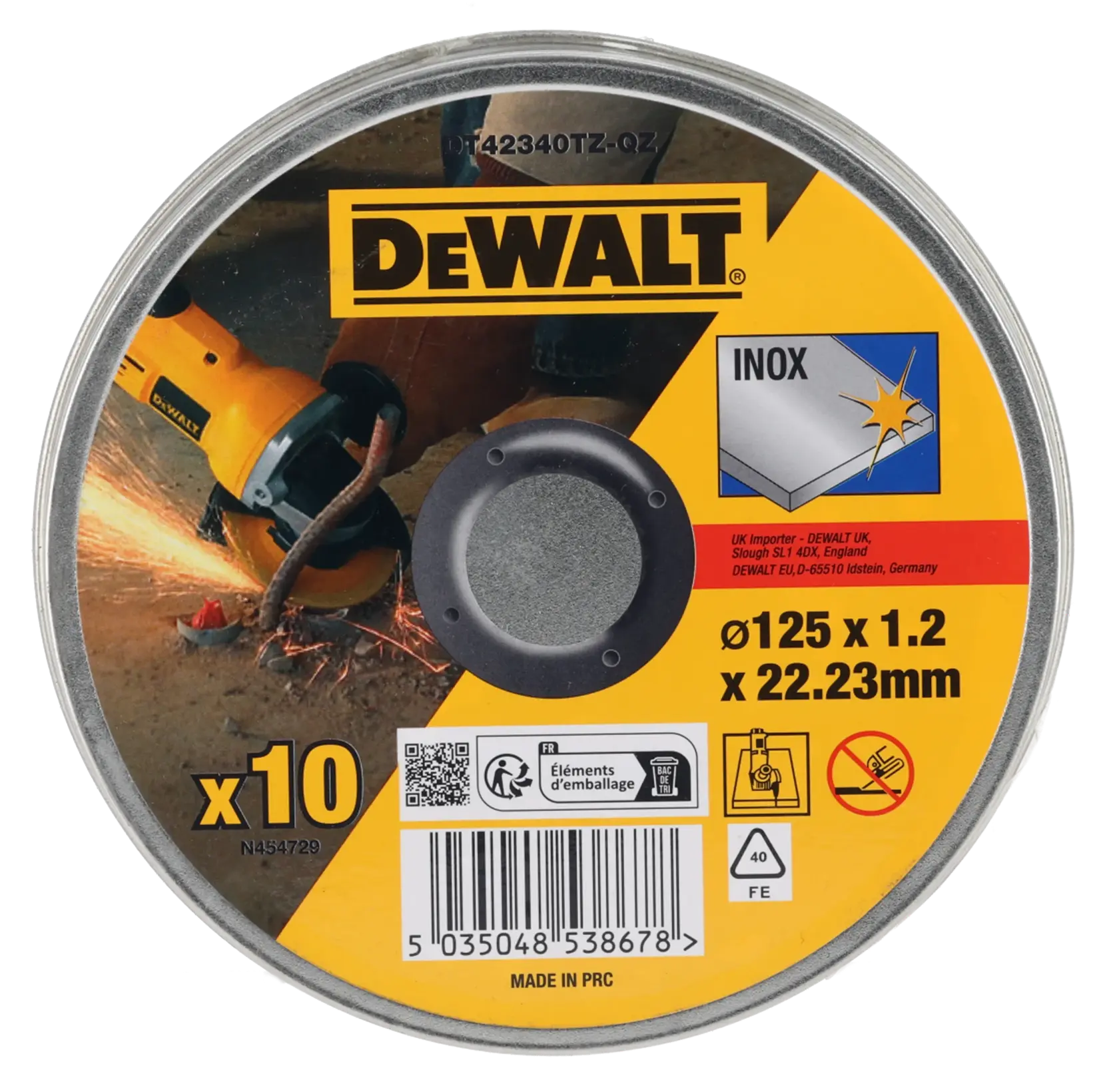 DEWALT DT42340TZ 125mm cutting disc pack, labeled for stainless steel, includes specifications and safety icons.
