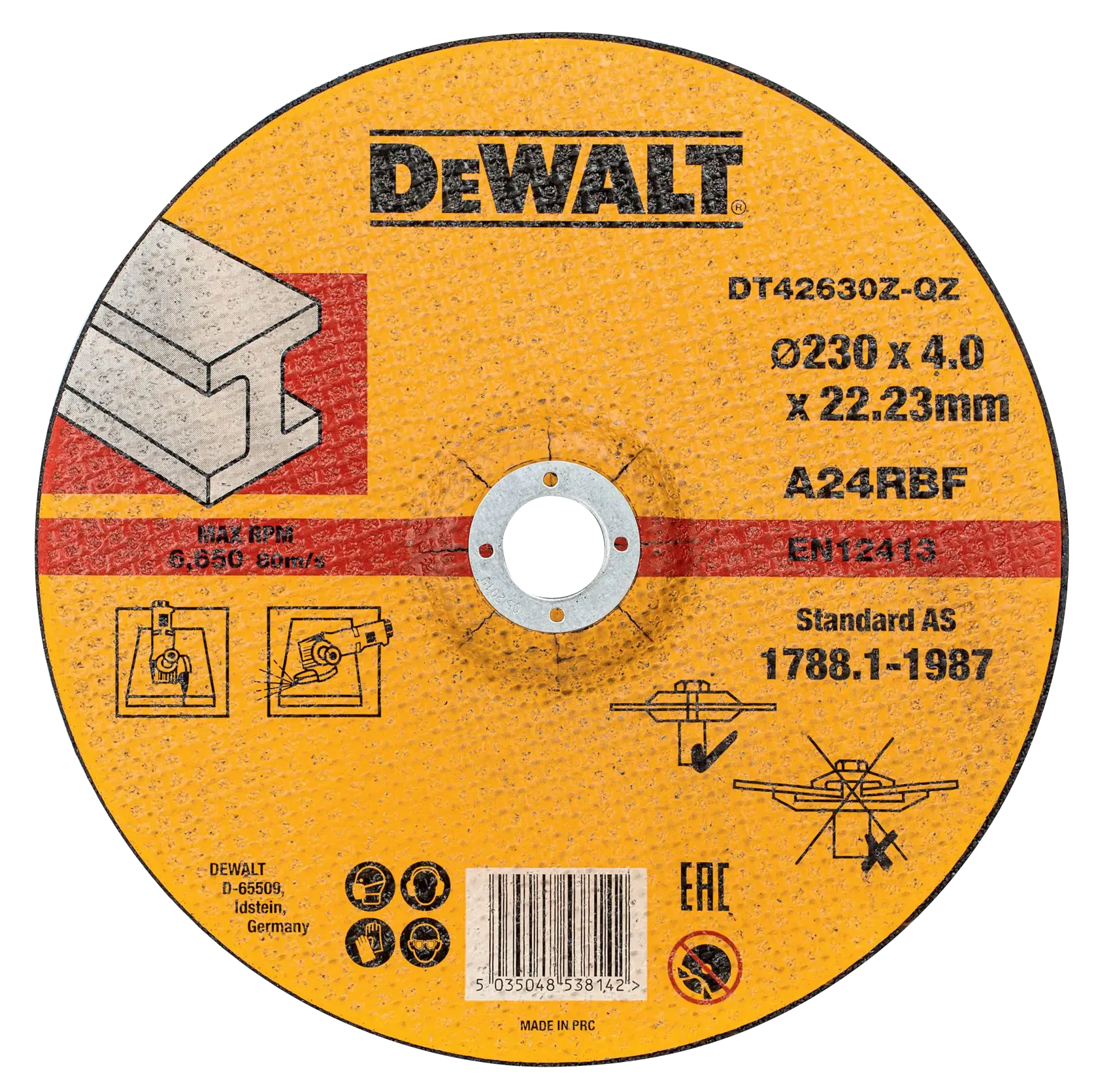 DEWALT DT42630Z grinding disc, diameter 230mm, for metalwork, yellow with black text and technical symbols.