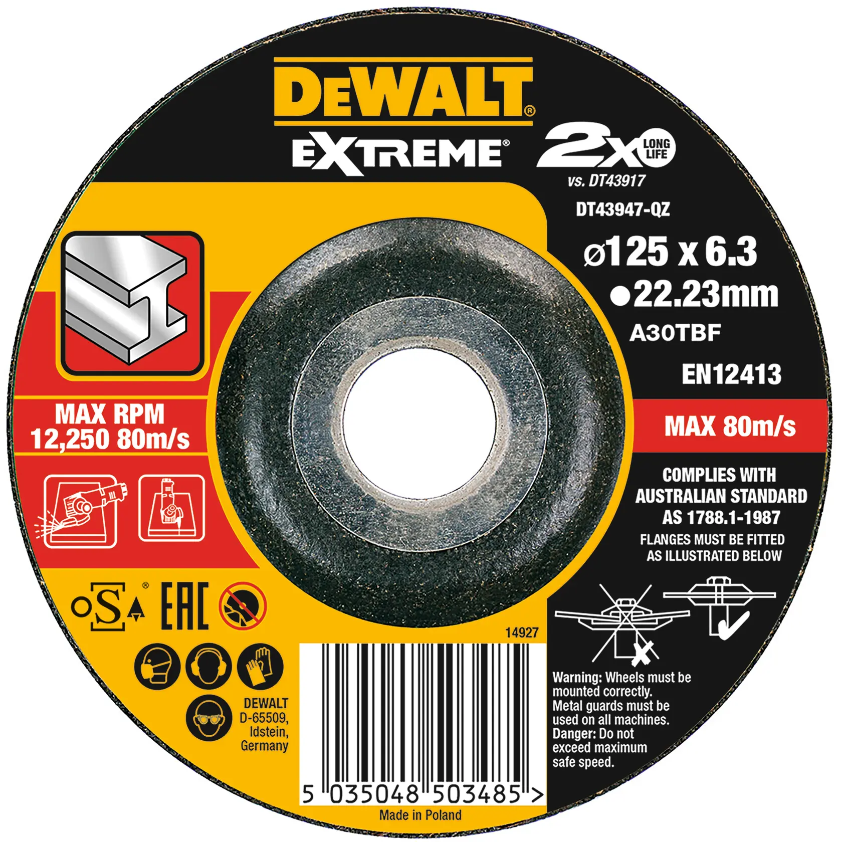 DEWALT Extreme metal cutting disc, 125mm diameter, labeled with specifications, safety icons, and barcode.