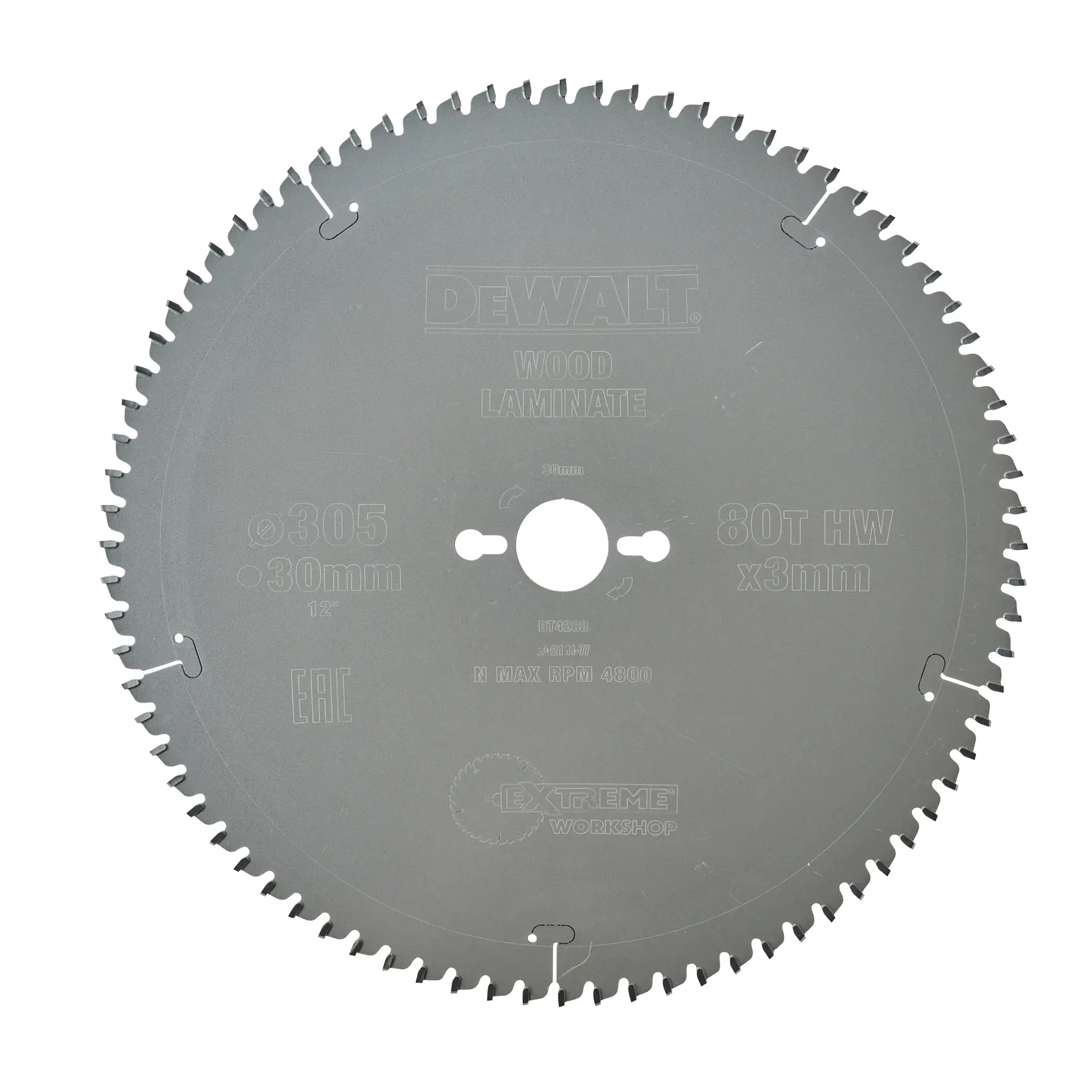 DEWALT DT4288 circular saw blade for wood laminate, 305mm diameter, 80 teeth, gray metal.