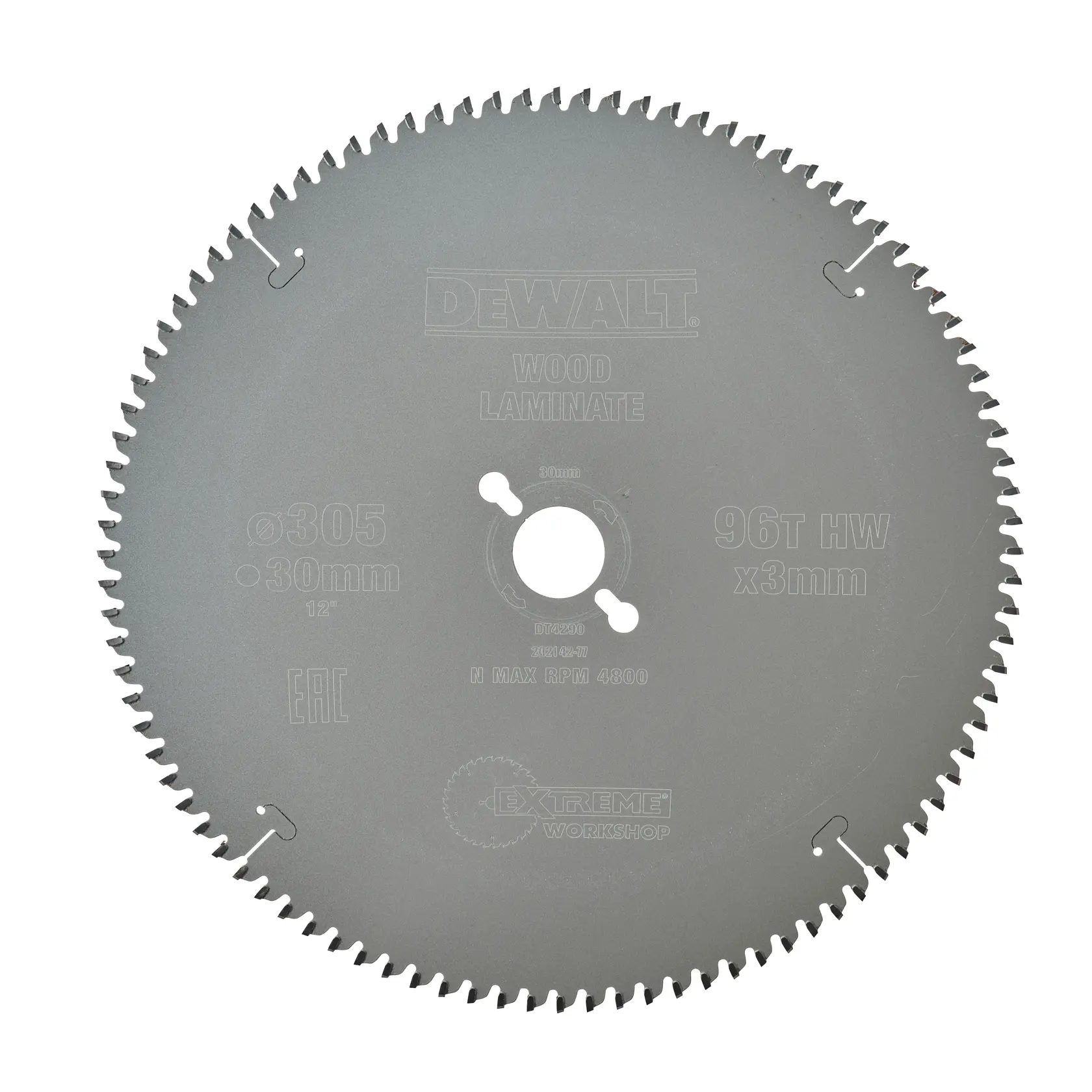 DEWALT DT4290 circular saw blade for wood and laminate, 305mm diameter, 30mm arbor, 96 teeth, HW material, for workshop use.