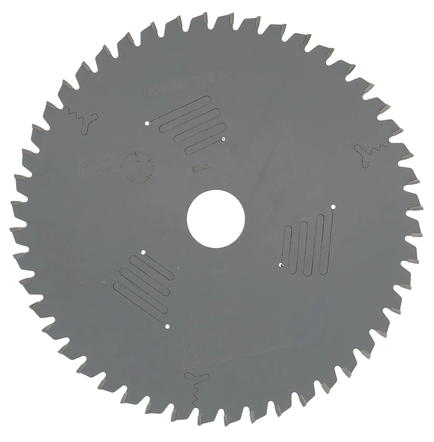 Round DEWALT saw blade with sharp teeth and a central hole, used for cutting materials.