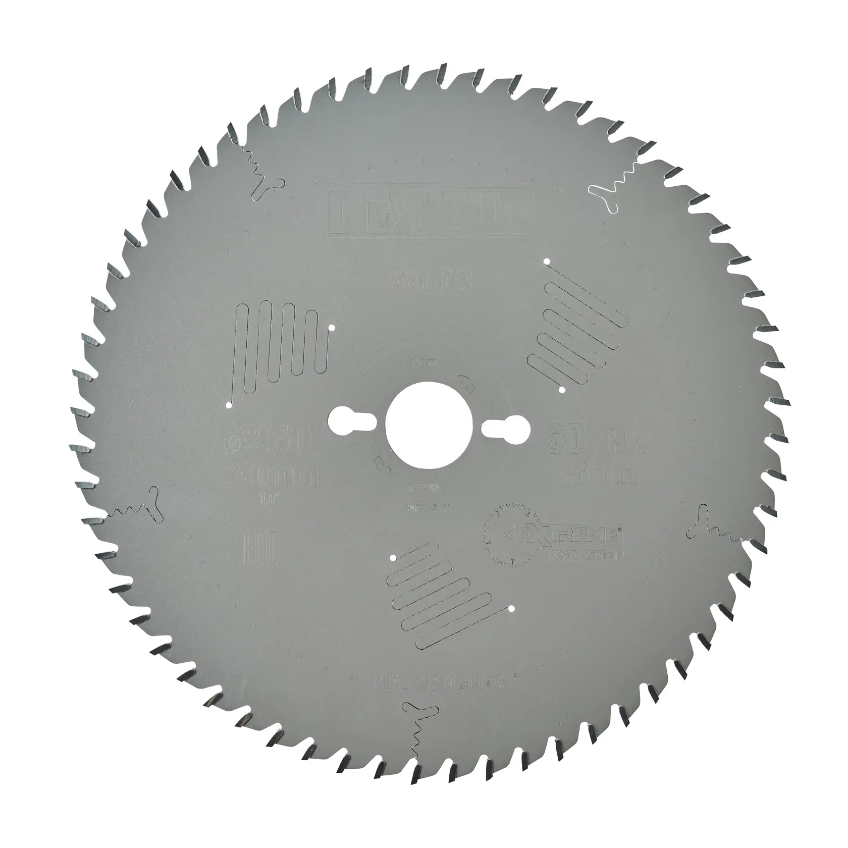 A DEWALT circular saw blade, silver colored, with multiple teeth around the edge and laser-cut markings on the surface. The blade is designed for cutting wood.