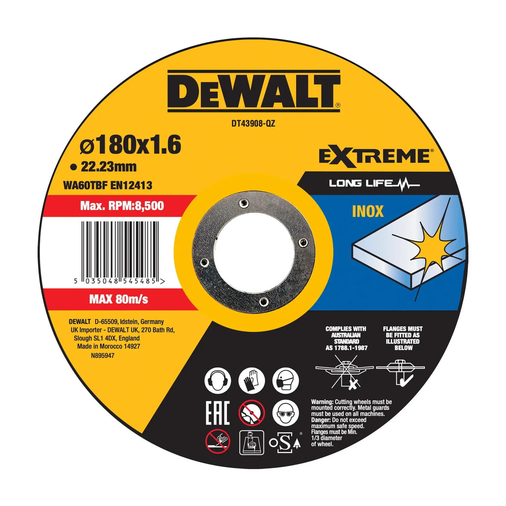 DEWALT cutting disc DT43908, DT43908-QZ for inox with specs and safety info on label.