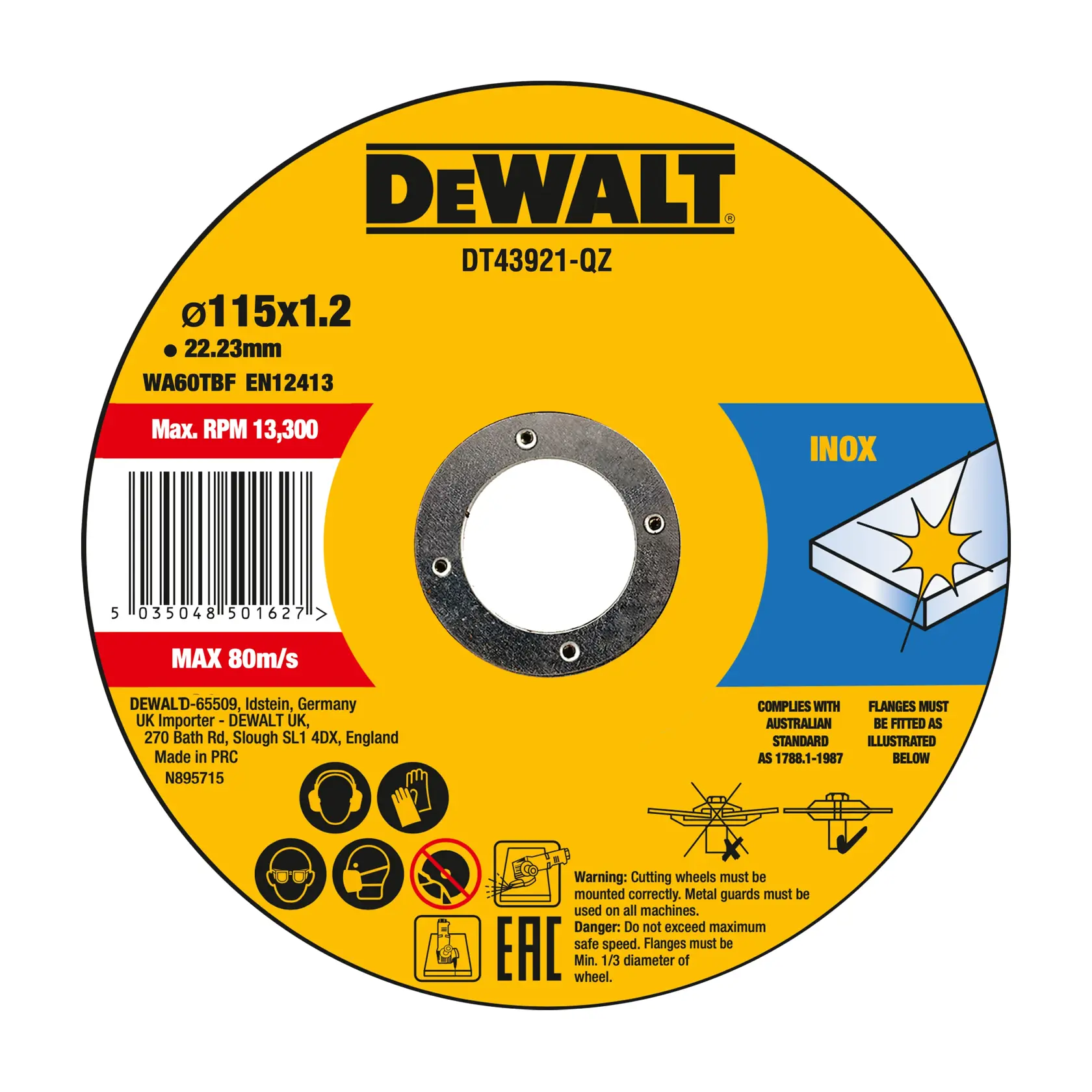 DEWALT cutting wheel DT43921-QZ, DT43921 for inox, 115x1.2mm, 22.23mm, max 13300 RPM. Photography category.