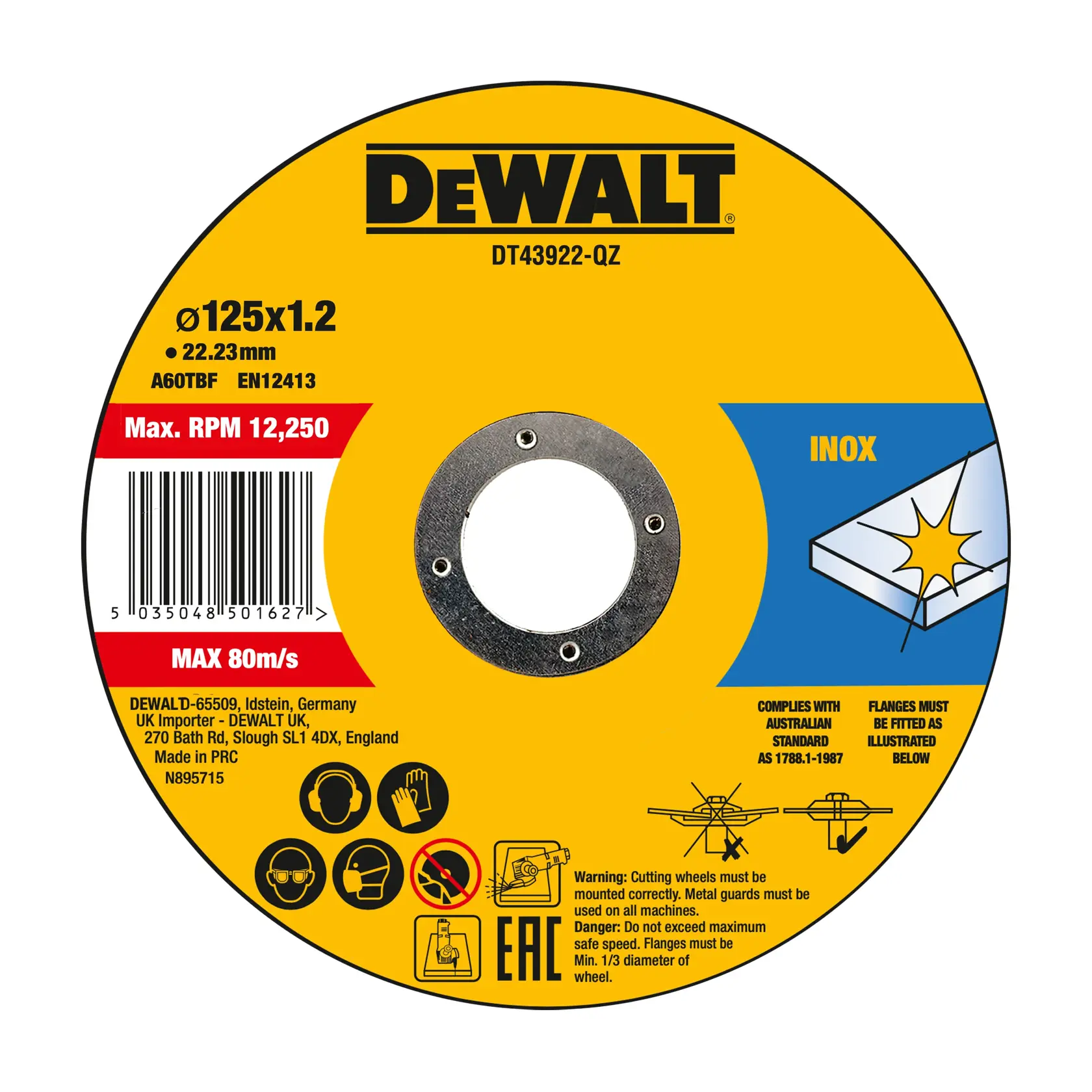 DEWALT cutting disc DT43922, DT43922-QZ for metal. Yellow label with specs and safety icons shown.