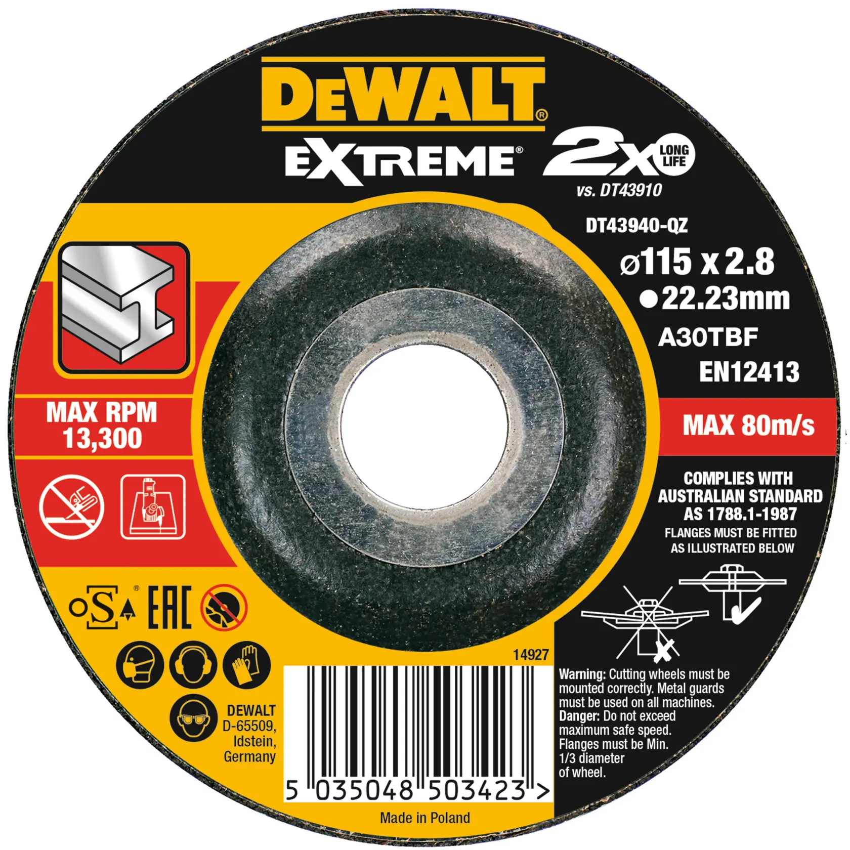 DEWALT Extreme cutting disc, 115mm diameter, for metal. Safety symbols, specifications, and barcode visible.