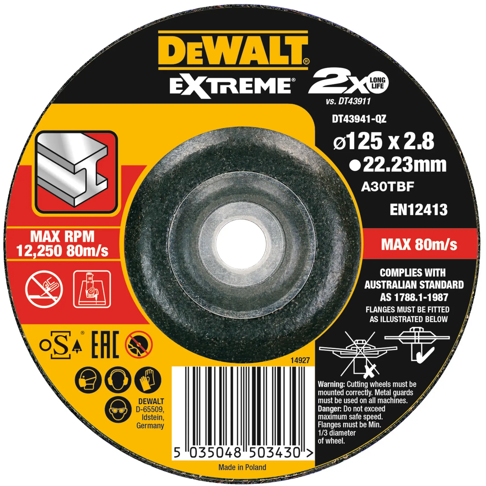 DEWALT Extreme cutting disc DT43941, 125mm diameter, safety icons and technical info printed on the label.
