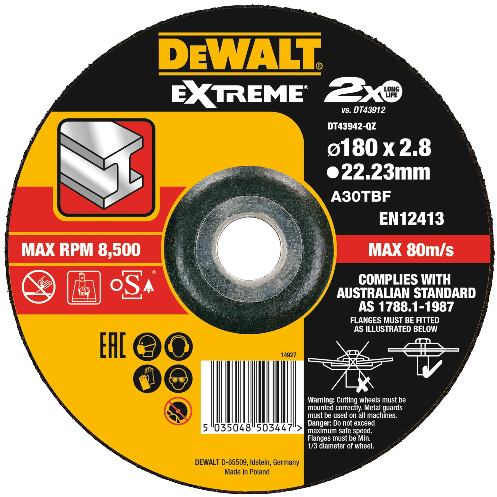 DEWALT Extreme cutting disc, 180x2.8mm, max 80m/s, 8,500 RPM, safety icons, metal use, barcode, product details.