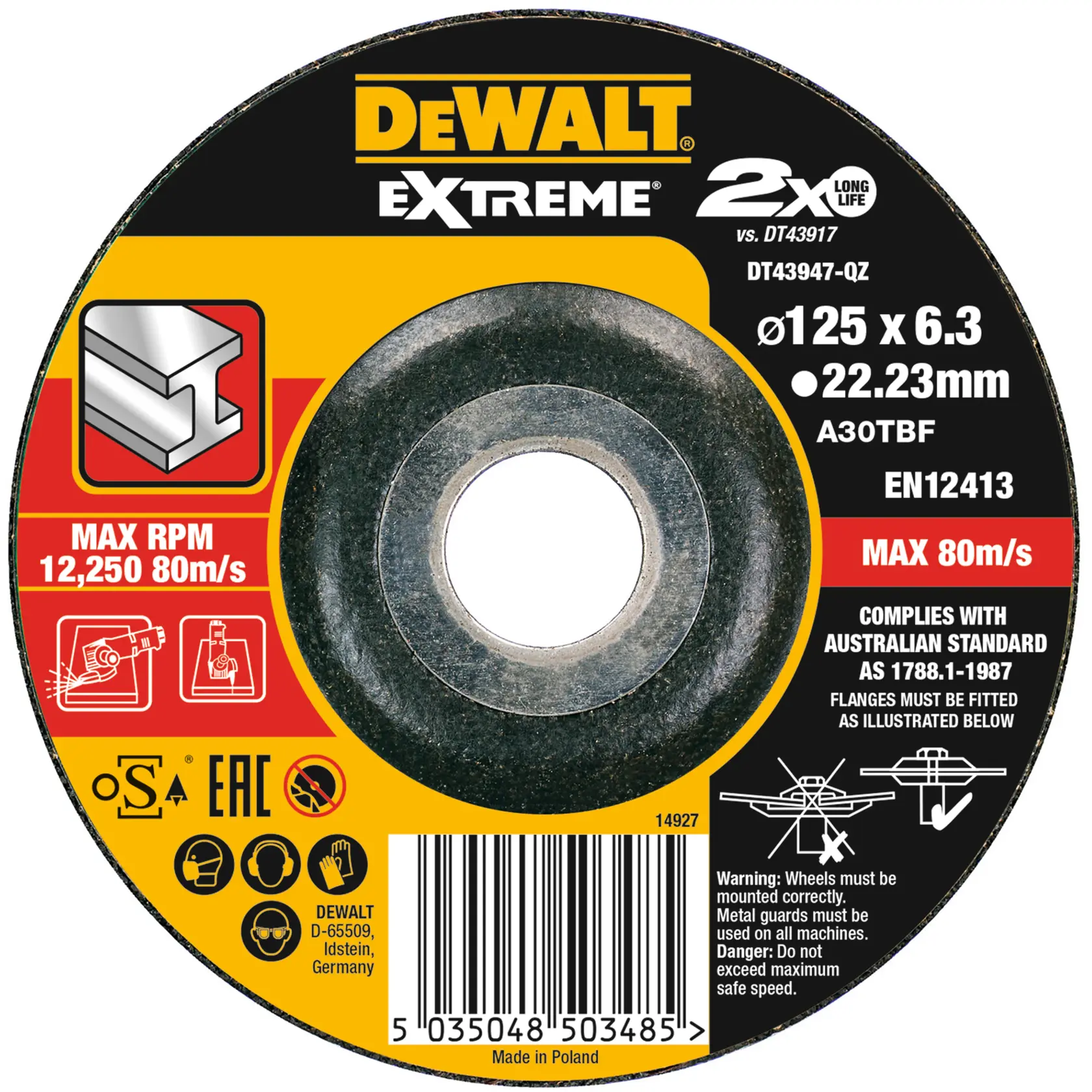 DEWALT Extreme grinding wheel, 125mm diameter, safety and usage icons, barcode, product specs on the label.