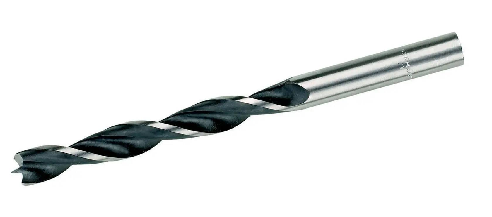 A close-up image of a DEWALT metal drill bit, featuring a spiral flute design and cylindrical shank.