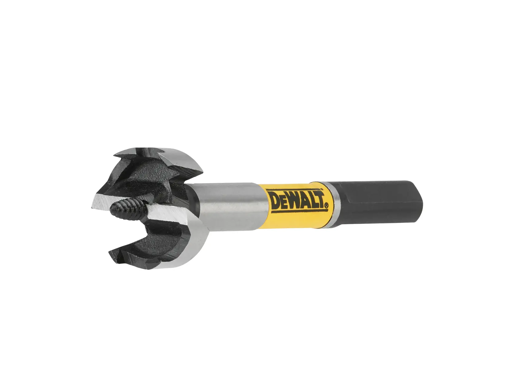 DEWALT Forstner bit with hex shank and sharp cutting edges for wood drilling, shown against a white background.