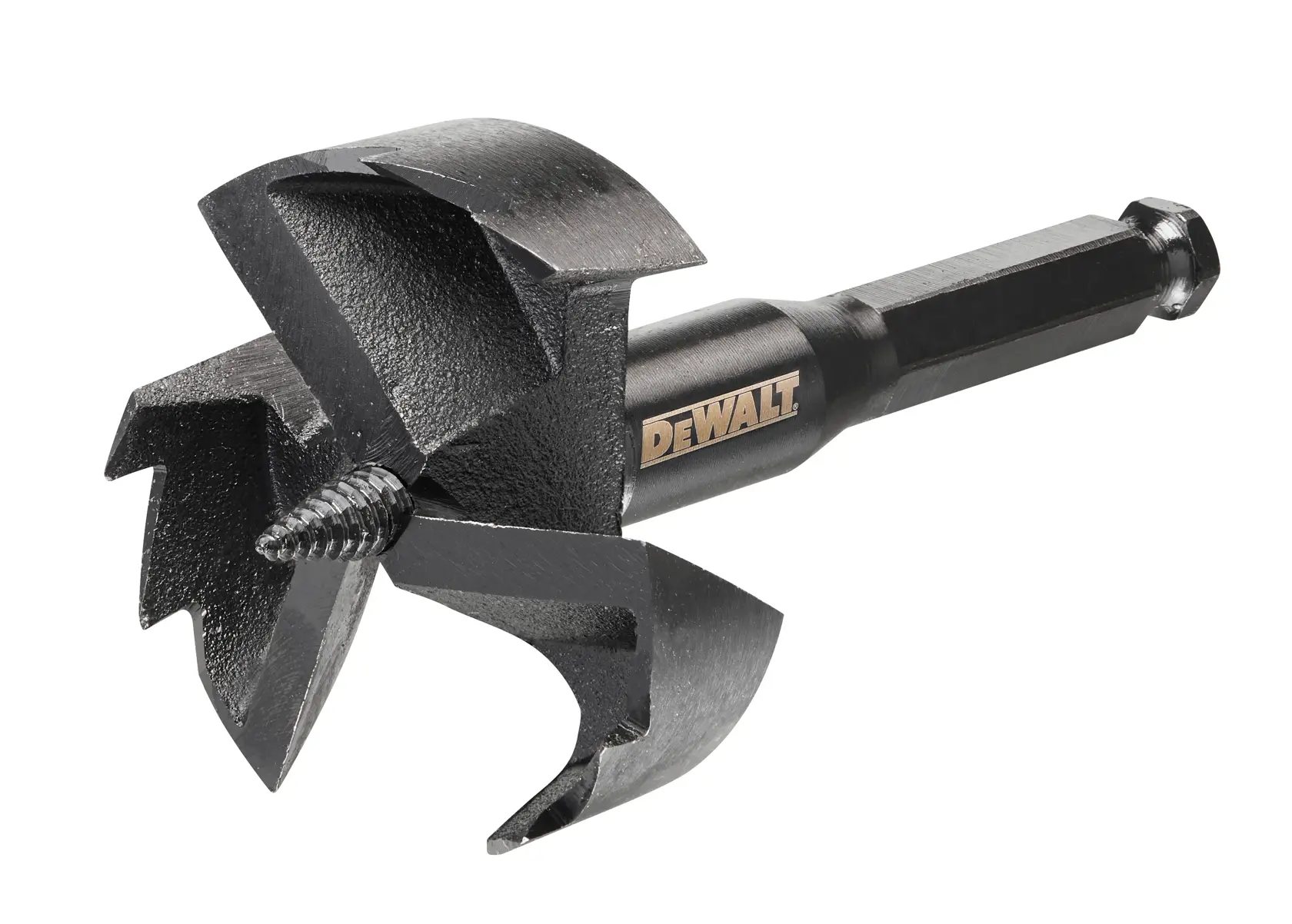 A DEWALT branded large wood boring drill bit with a hex shank and sharp, multi-bladed cutting edges, photographed on a white background.