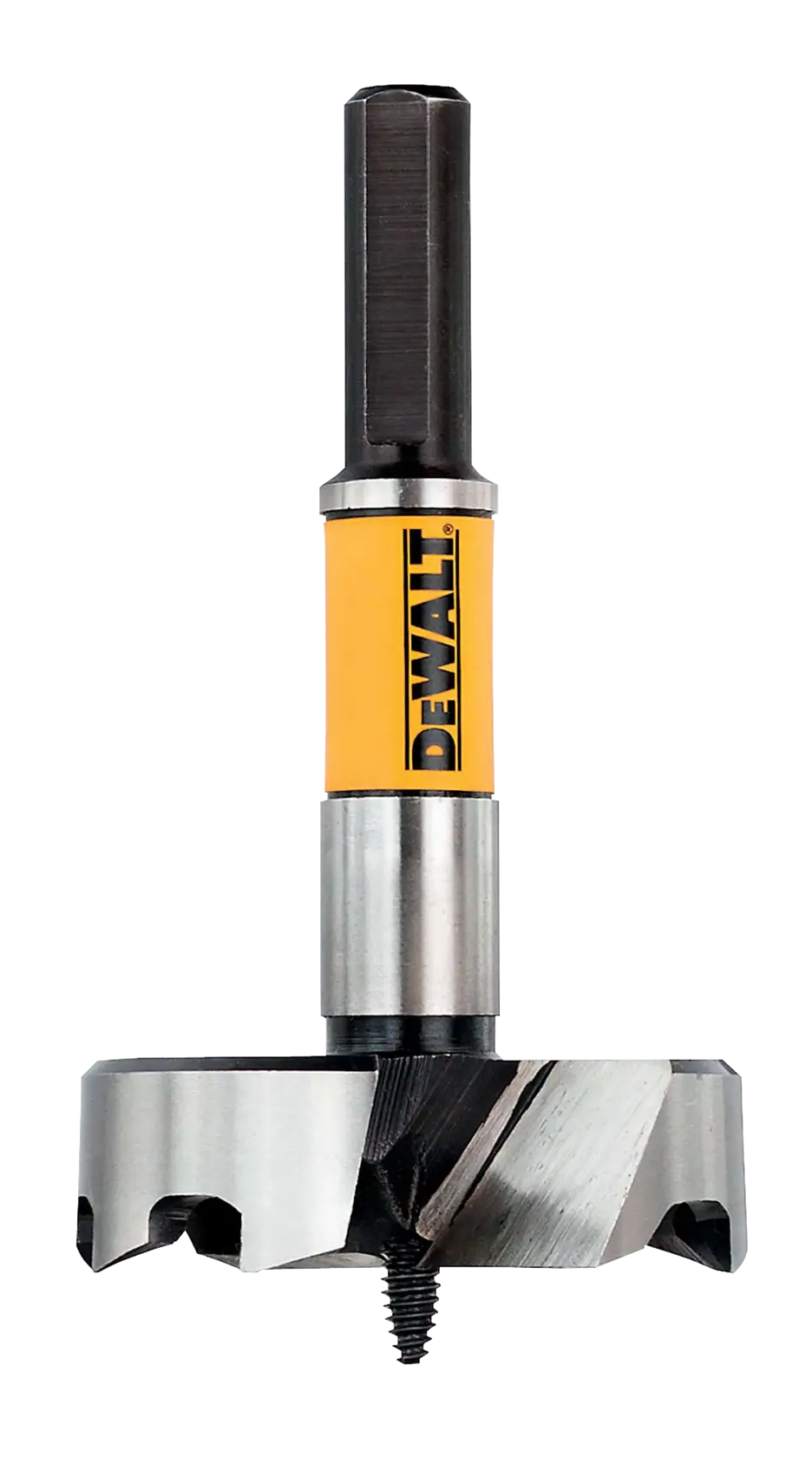 DEWALT DT4586 hole saw drill bit for woodworking, shown with sharp blade and yellow branded label.