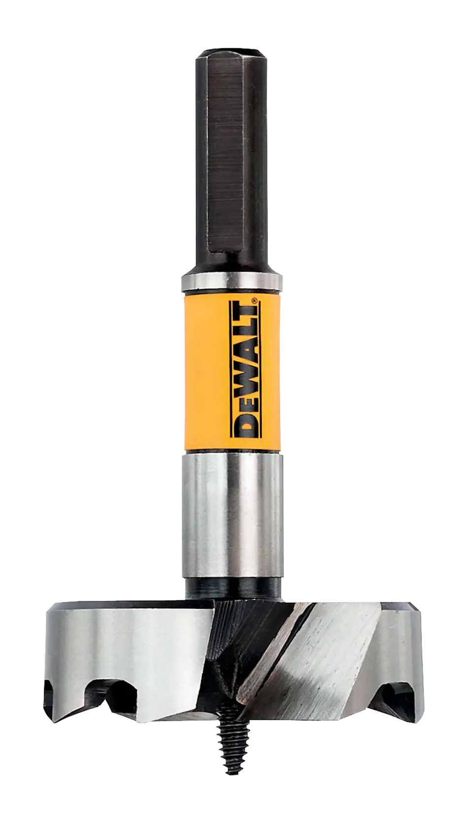 DEWALT DT4589 wood drill bit with a yellow label and sharp cutting edges for woodworking.