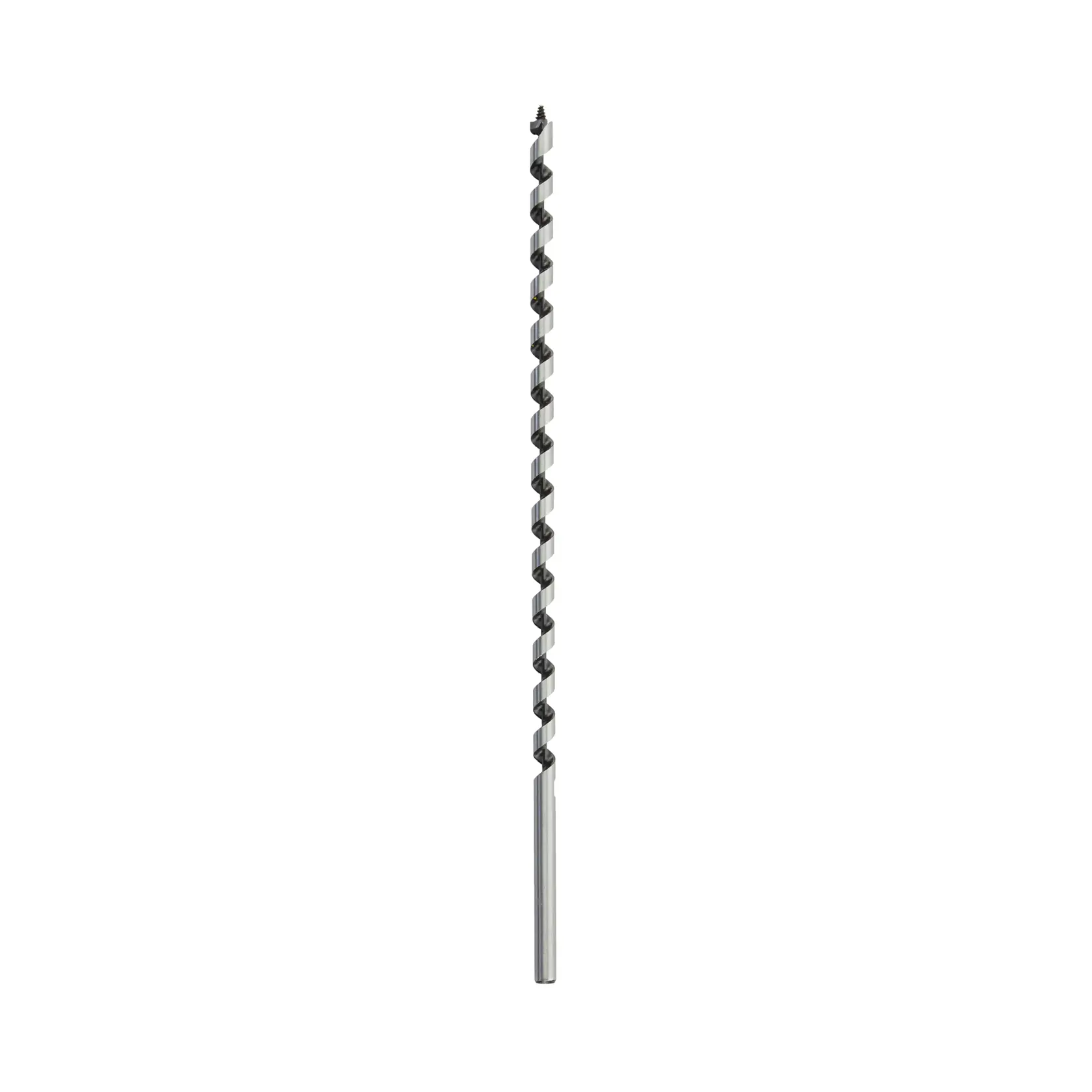 Long, spiral DEWALT drill bit, silver and black, shown upright on a white background.